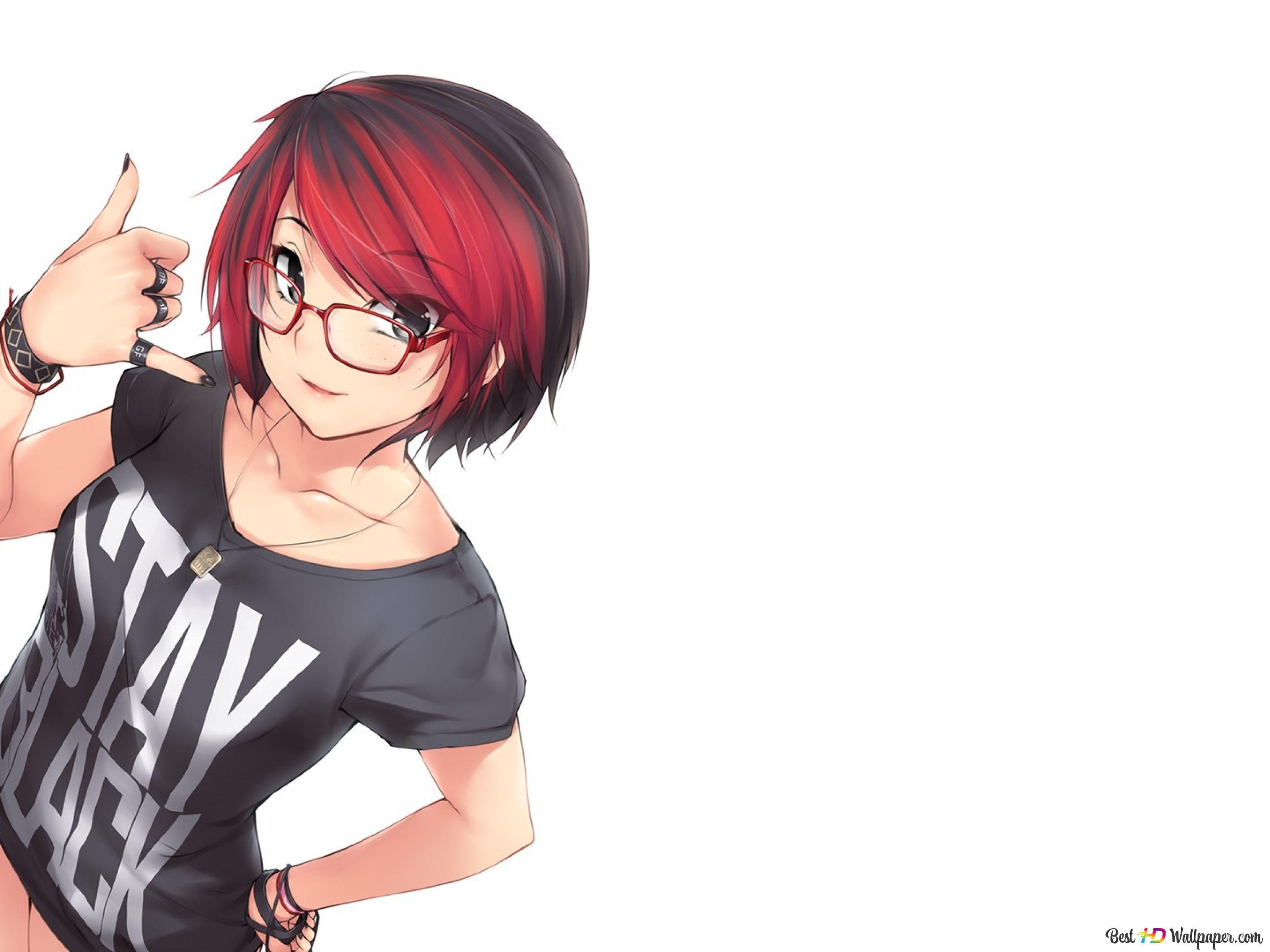 3200x2400 Posing of anime girl with red hair, glasses and bracelet on white background 4K wallpaper download