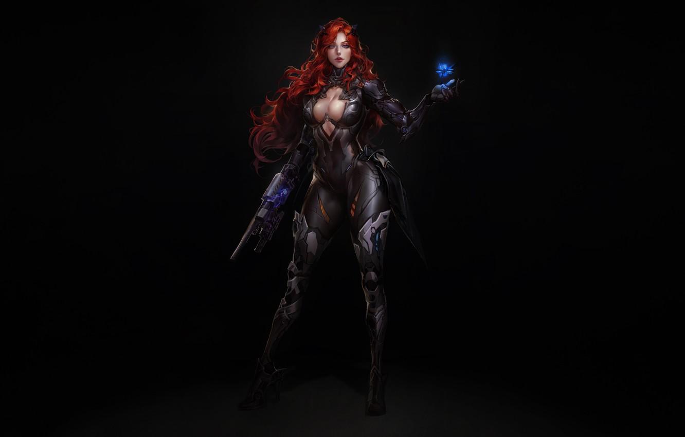 1332x850 Wallpaper Girl, Costume, Weapons, Red, Art, Suit, Weapon, Minimalism, Cyber, by Gyuri Park, Gyuri Park, Greeting image for desktop, section фантастика