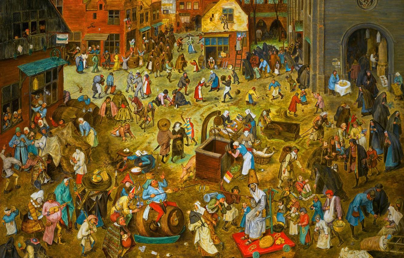 1332x850 Wallpaper Home, People, Picture, Pieter Bruegel The Elder, Pieter Bruegel the Elder, Нидерландский живописец и график, Битва между Карнавалом и Великим постом image for desktop, section живопись