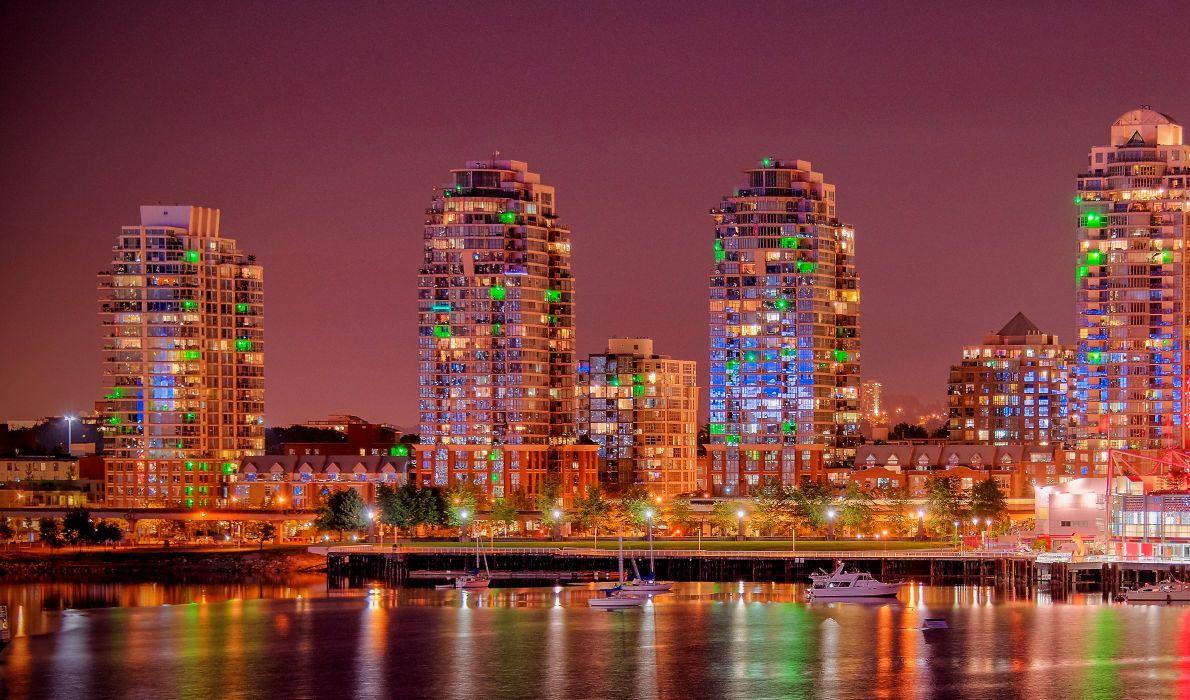 1190x700 Canada Houses Rivers Marinas Vancouver Street lights Night Cities wallpaperx1400