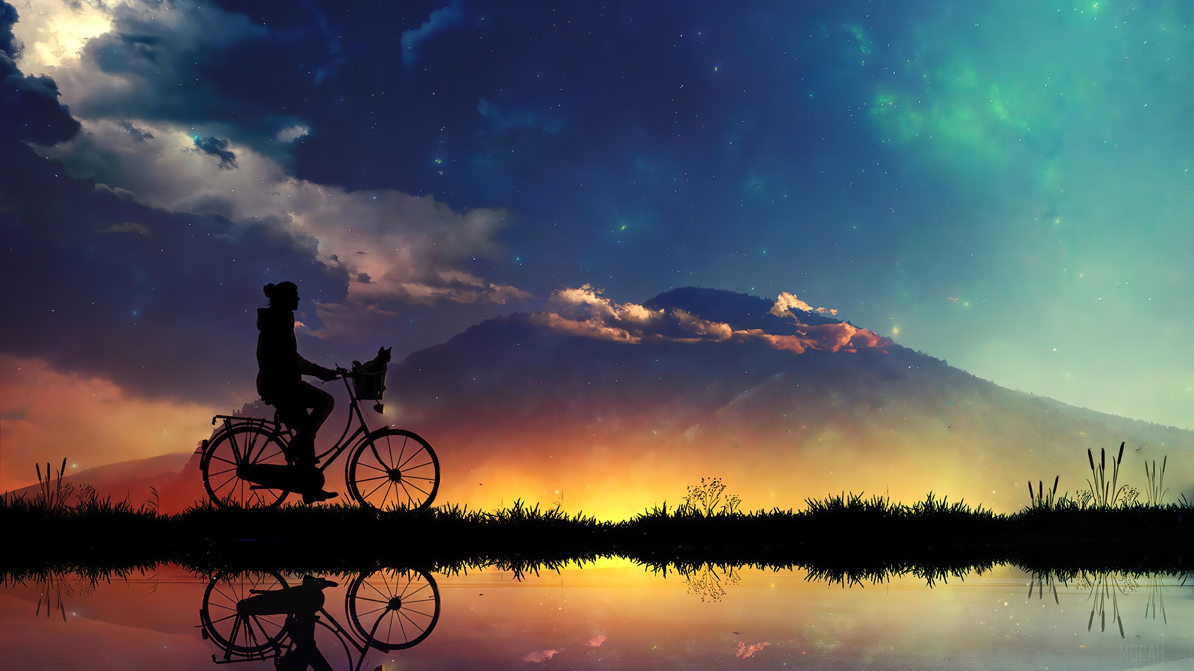 3840x2160 Sunset, Sky, Scenery, Riding, Bicycle, Silhouette, Digital Art 4k Gallery HD Wallpaper