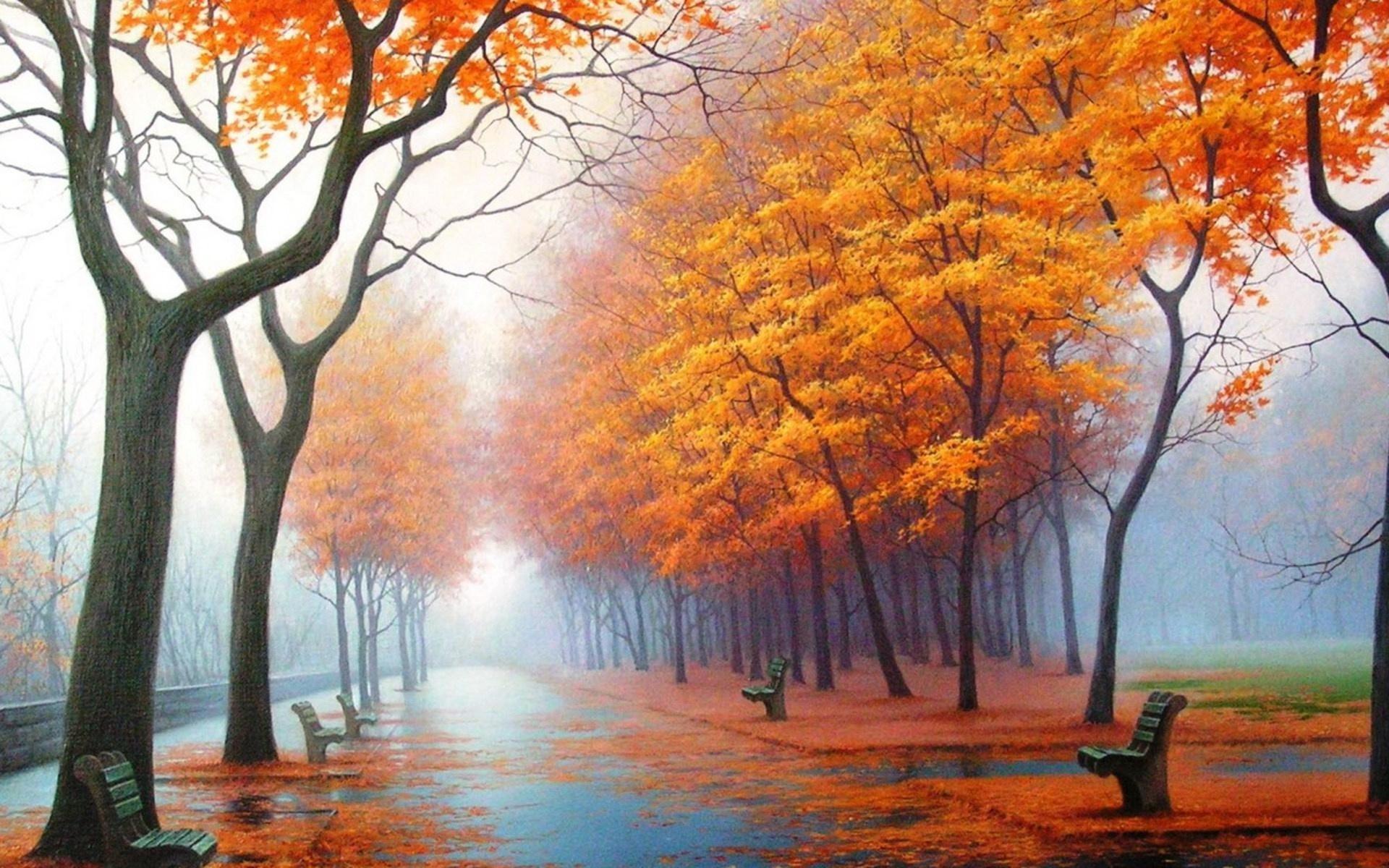 1920x1200 Autumn, Park, Avenue, Benches, Trees, Leaf fall, Fog, Steam, Haze, Path, Asphalt, Painting, Art Gallery HD Wallpaper