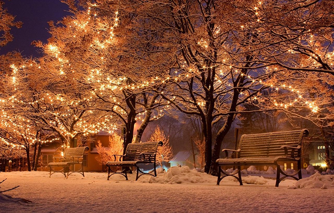 1280x817 Picture Christmas Winter Nature park Snow Bench Night Fairy lights