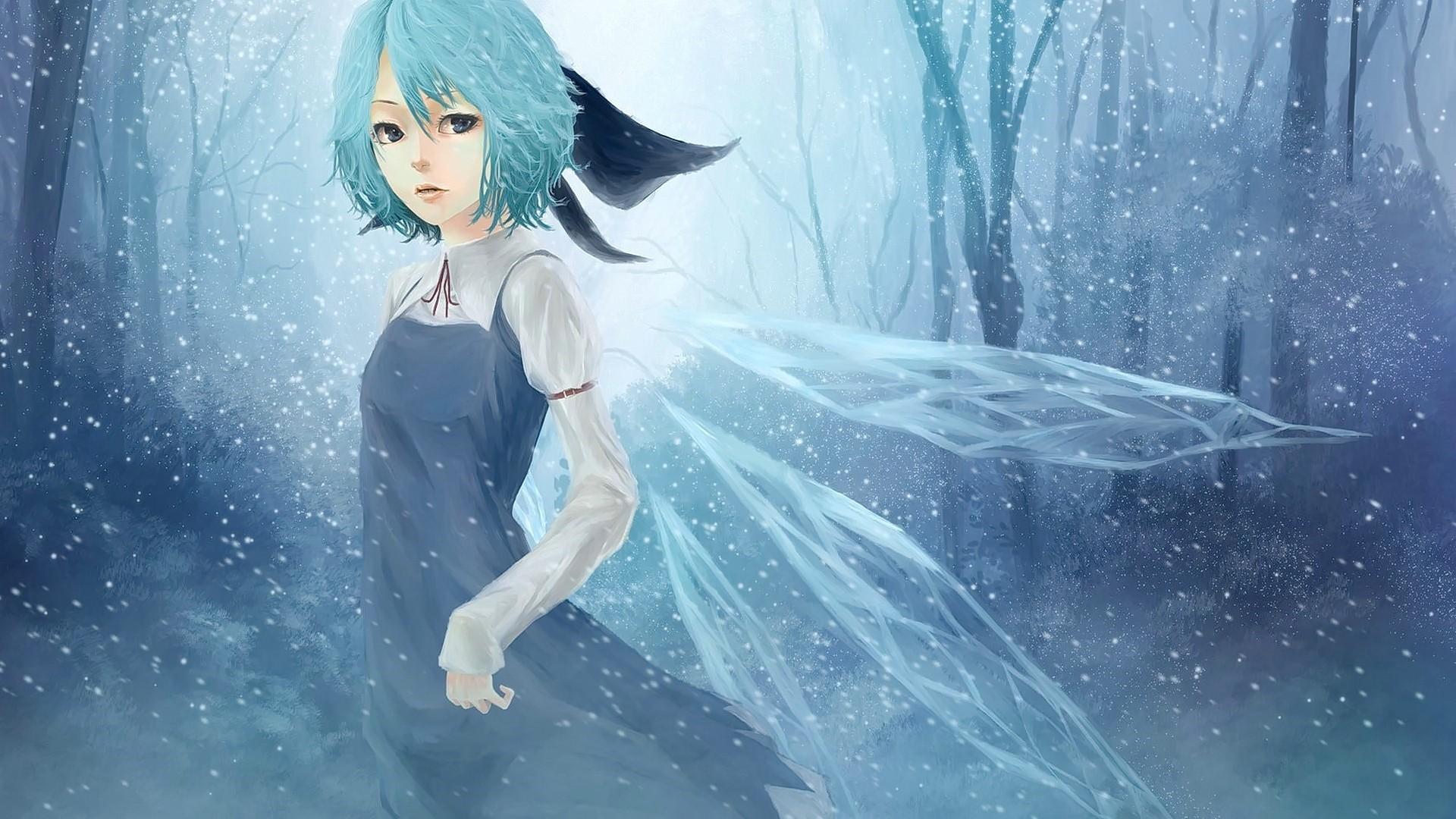 1920x1080 HD desktop wallpaper: Anime, Winter, Snow, Fairy, Blue Hair, Touhou, Short Hair, Cirno (Touhou) download free picture