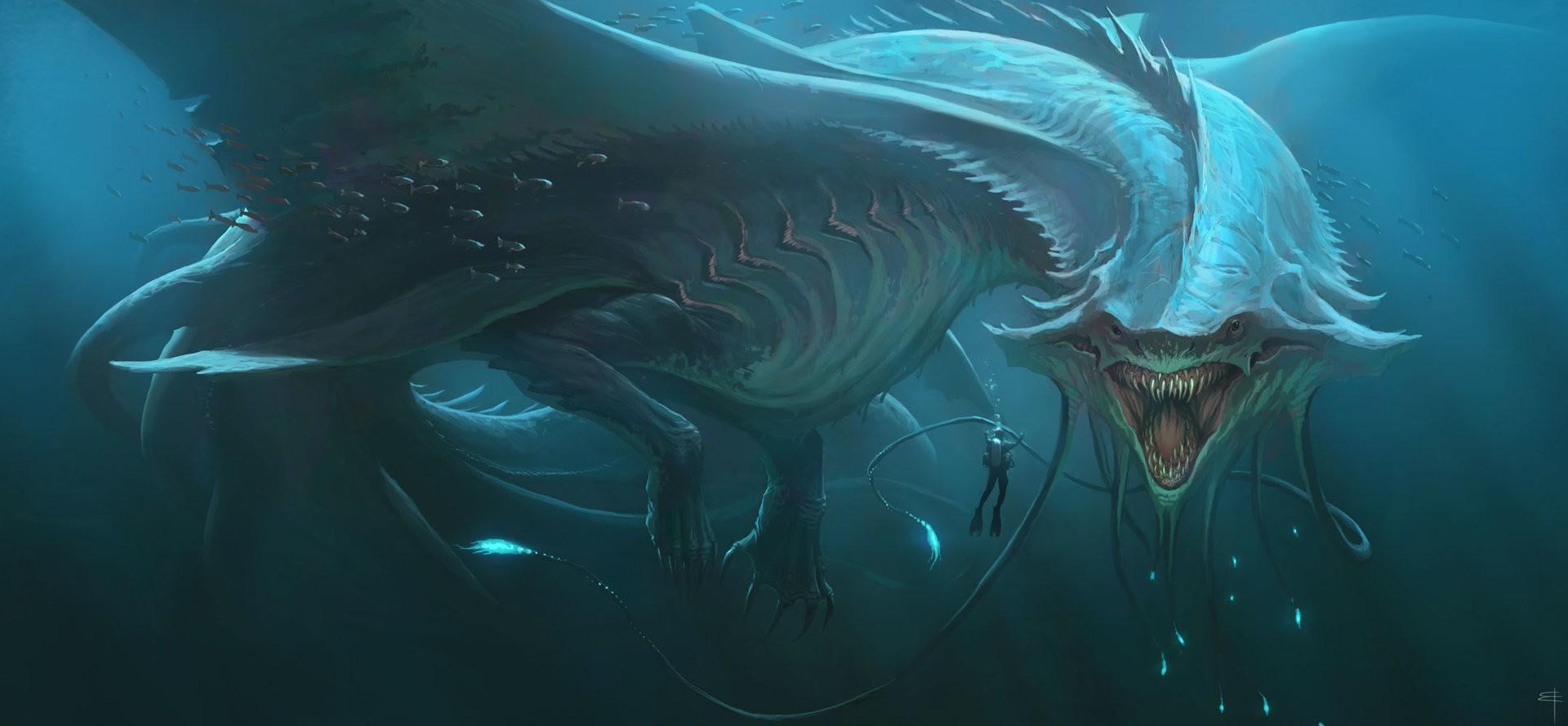 1920x889 digital art fantasy art creature sea monsters underwater sea men divers fangs bubbles tail fish Gallery HD Wallpaper