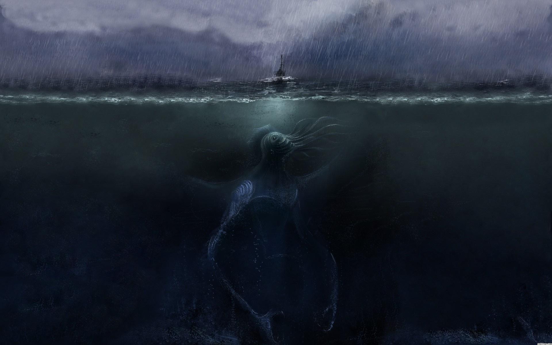 1920x1200 horror, rain, underwater, digital art, sea, creature, Cthulhu, storm, split view, sea monsters, fantasy art Gallery HD Wallpaper