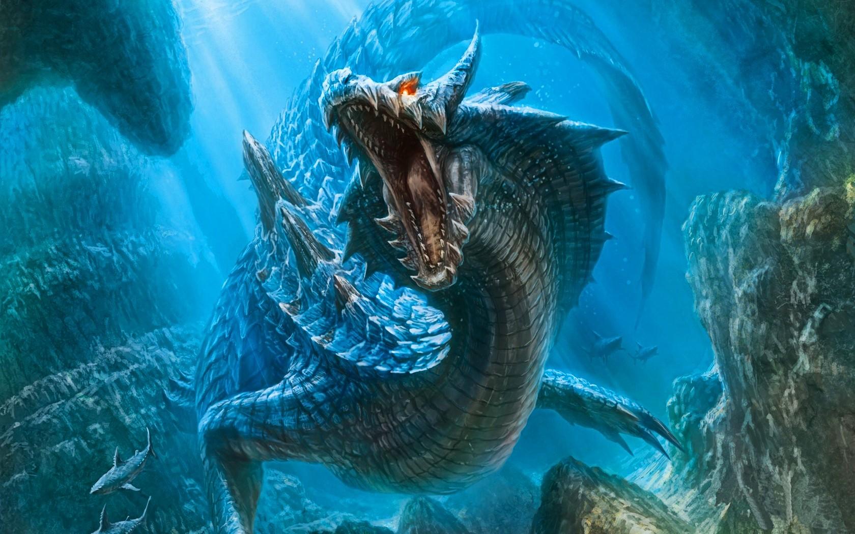 1680x1050 digital art, sea monsters, sunset, sea, Monster Hunter, mythology, Lagiacrus, screenshot, computer wallpaper, fictional character Gallery HD Wallpaper