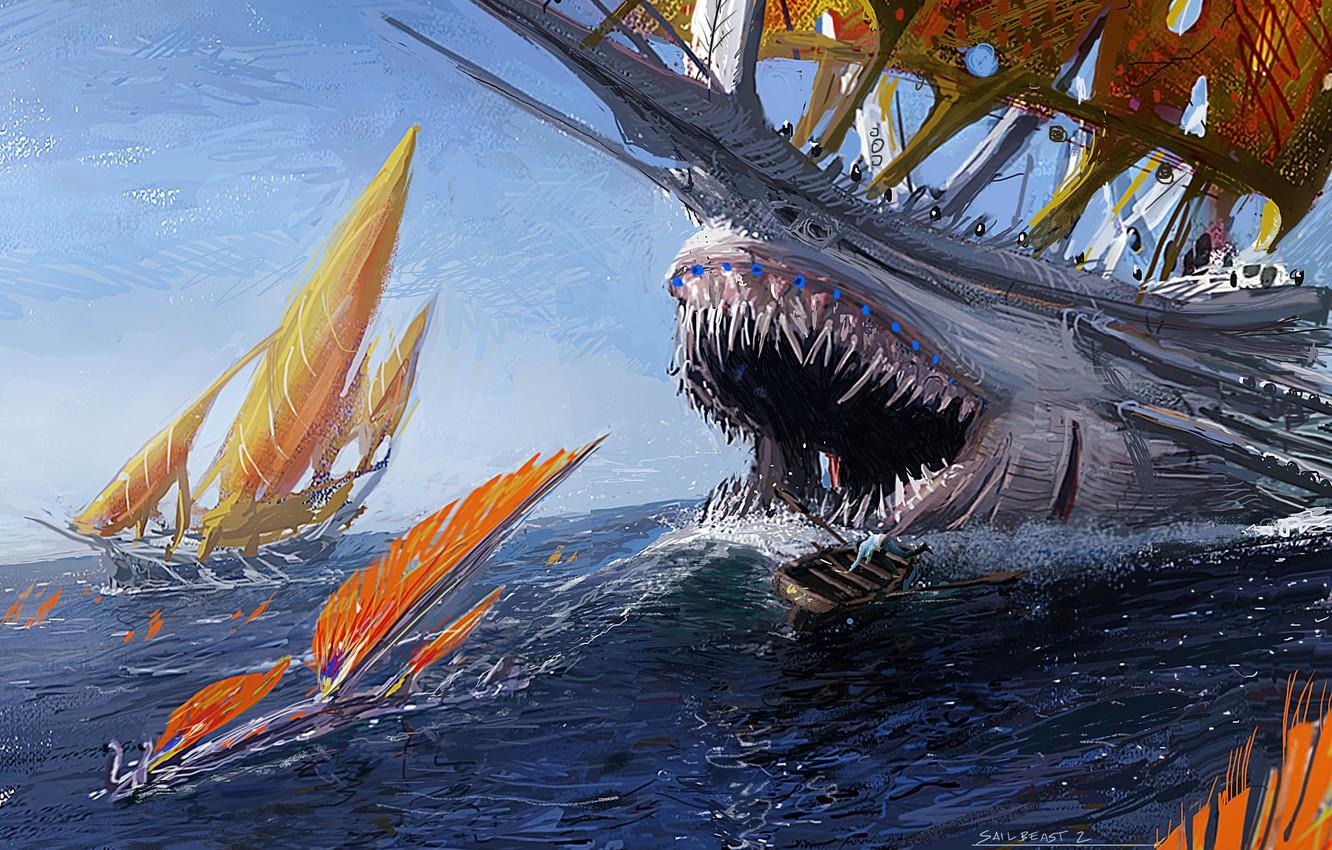 1332x850 Wallpaper sea, fiction, danger, sailboat, monster, ships, art, mouth, fangs image for desktop, section живопись