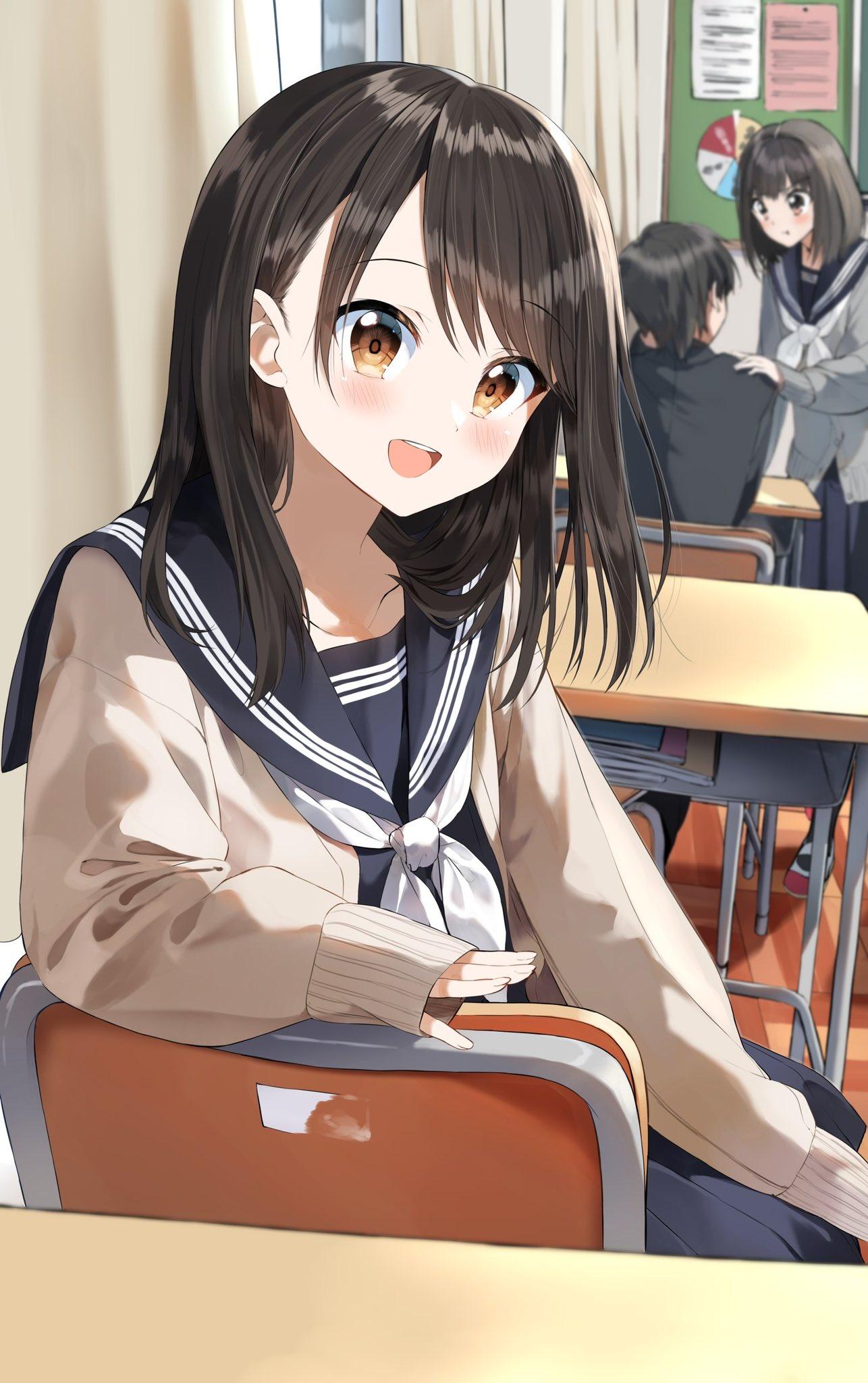 1286x2048 Anime Girls Dark Hair School Uniform Happy Brown Eyes Classroom Artwork RailgunKy Wallpaper:1286x2048