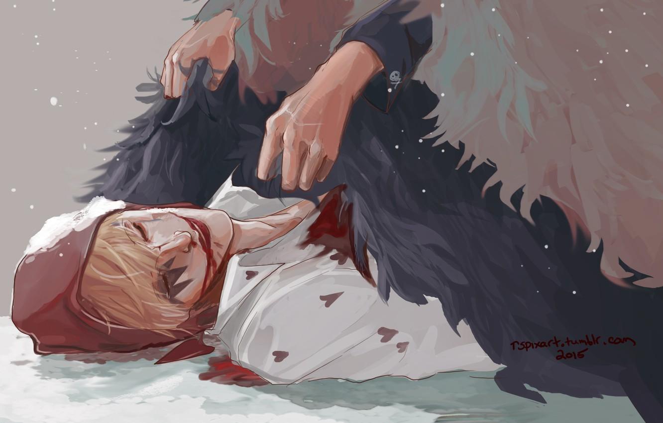 1332x850 Wallpaper blood, hat, feathers, hands, art, Anime, guy, Anime, One Piece, Big Jackpot, Corazon, Rocinante Donquixote image for desktop, section прочее