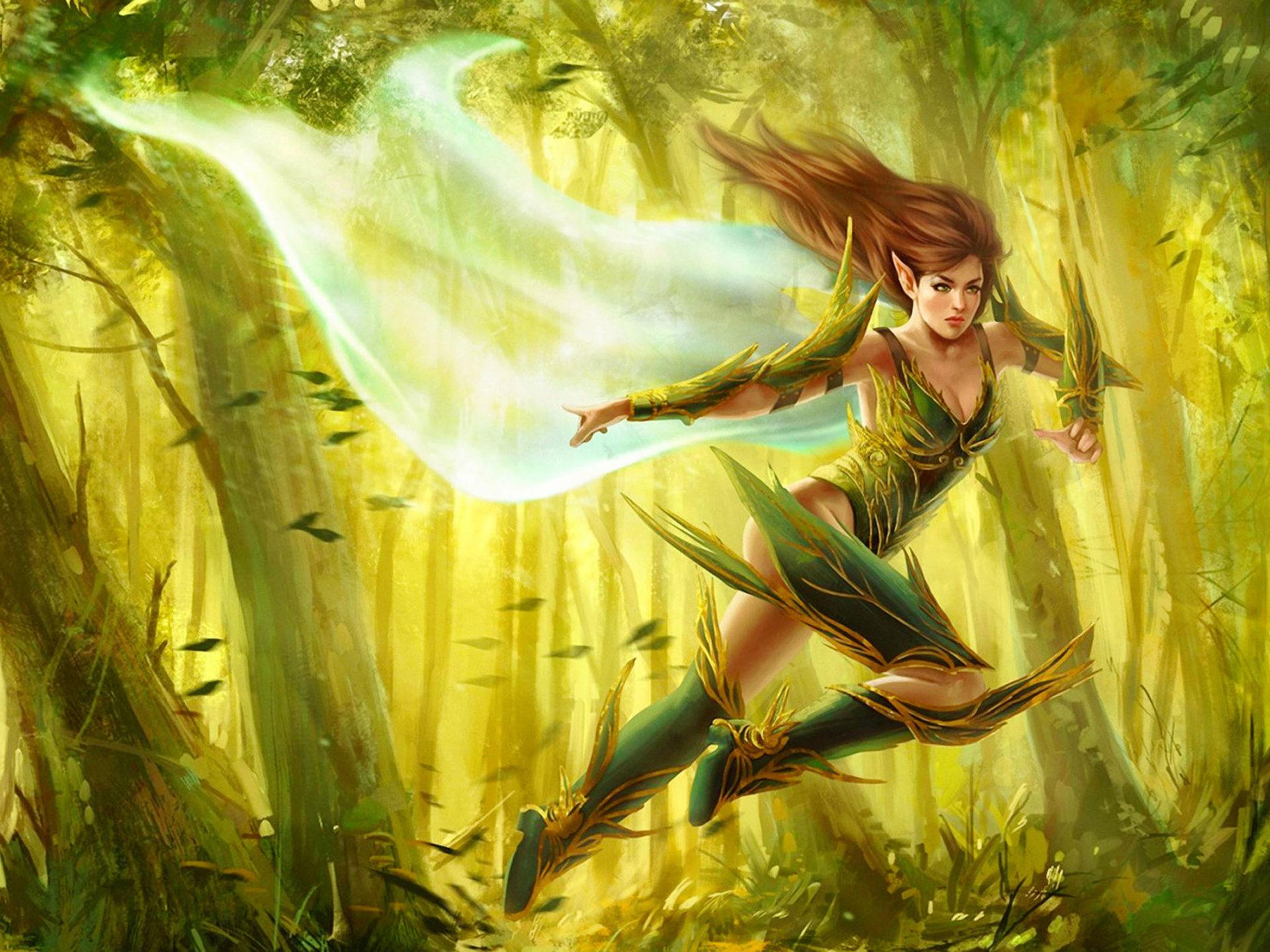 1920x1440 Mythology Elf girl red hair forest the wind running Elf Fantasy art HD Wallpaper for Desktop :