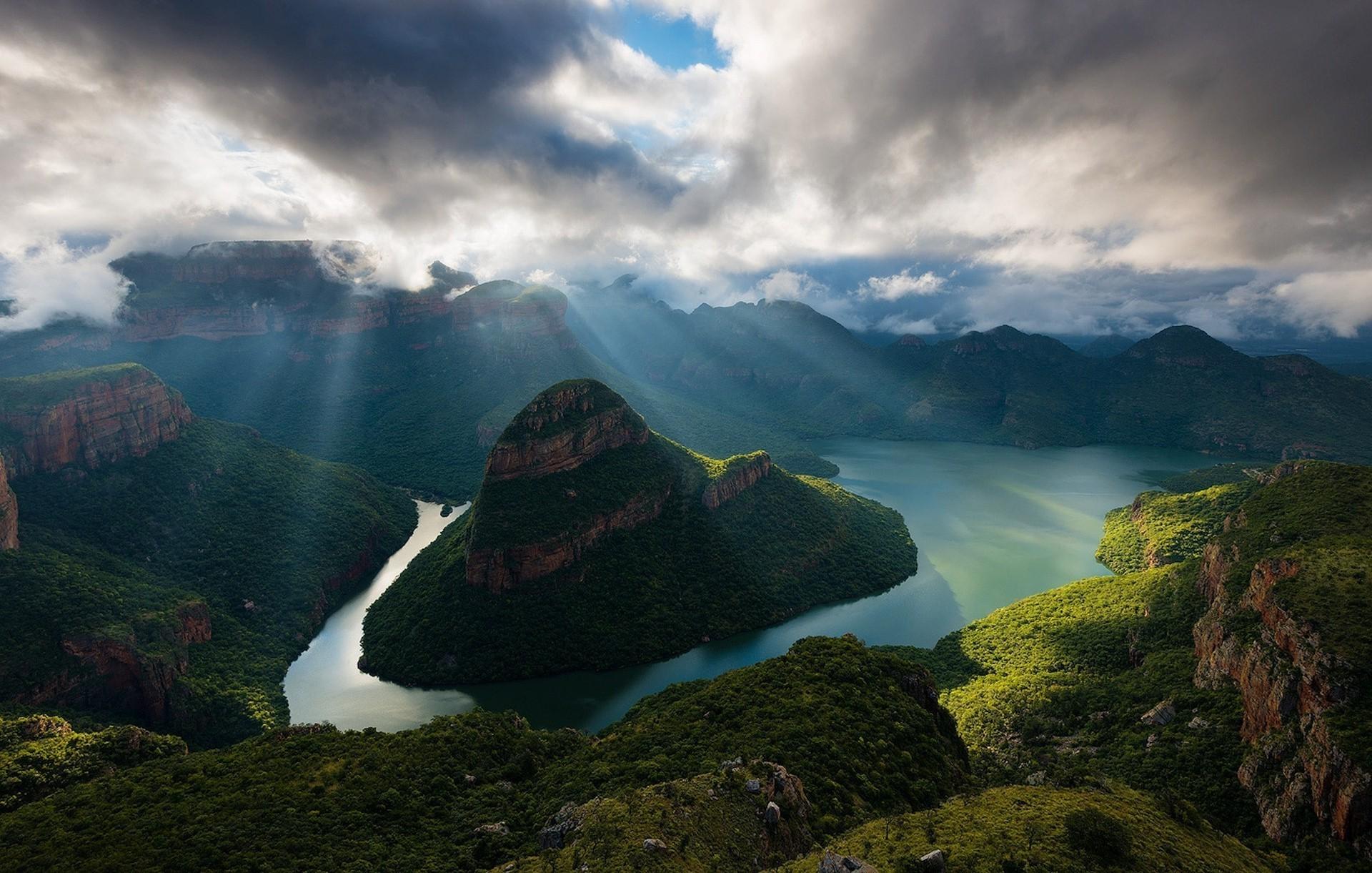 1920x1221 landscape nature sunrise canyon river south africa sun rays clouds mountain shrubs morning Gallery HD Wallpaper