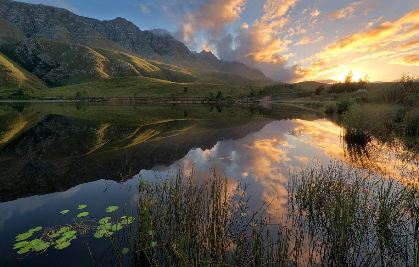1332x850 Wallpaper mountains, lake, reflection, sunrise, South Africa image for desktop, section природа