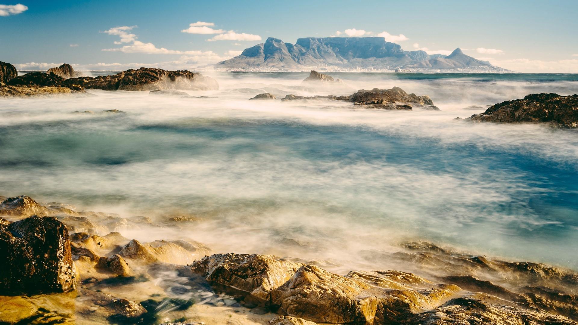1920x1080 Wallpaper / nature, landscape, mountains, water, clouds, sky, mist, rocks, long exposure, horizon, Cape Town, South Africa free download