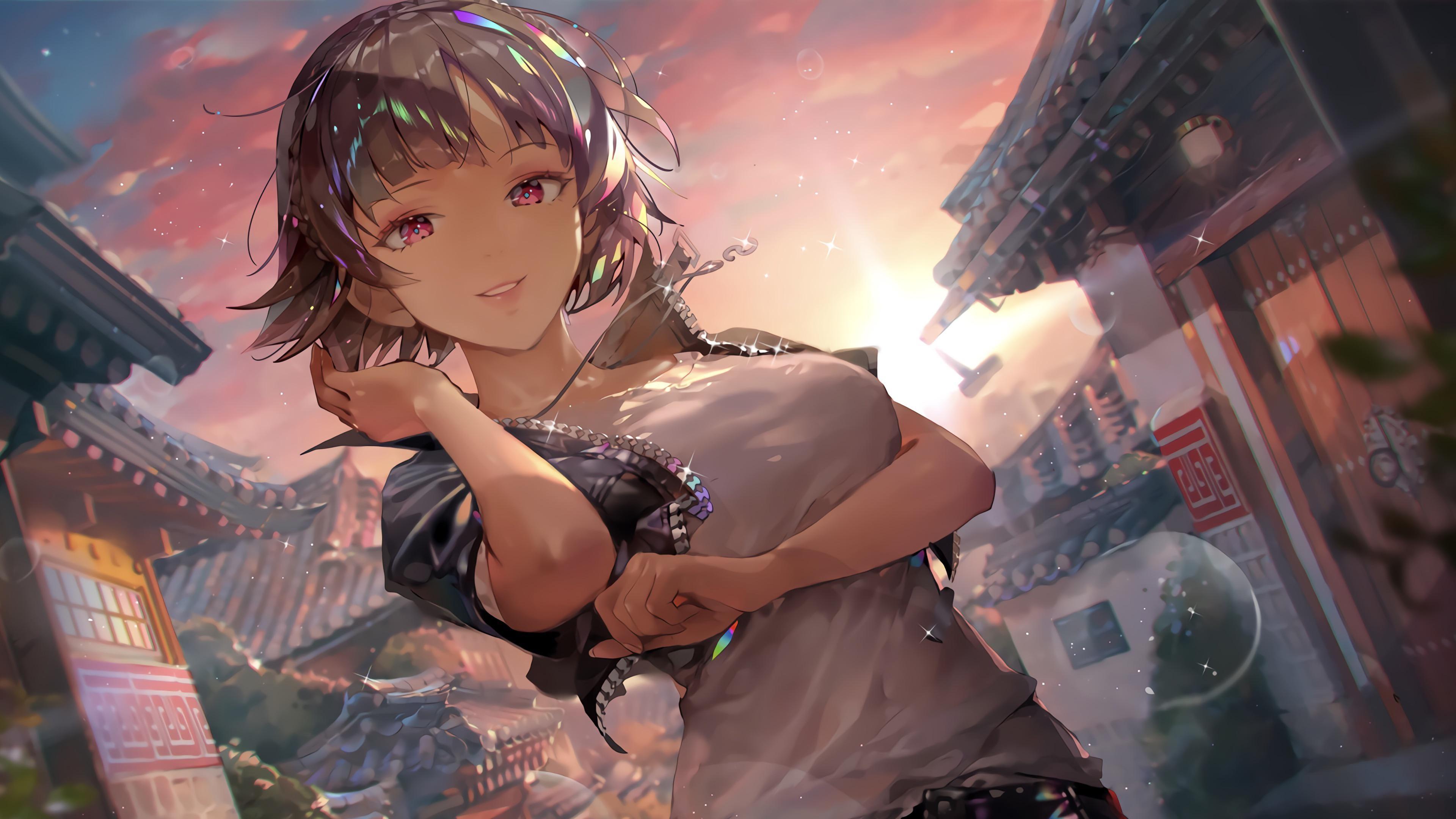 3840x2160 4K, Crab_D, Persona smiling, Makoto Niijima, anime, artwork, digital, red eyes, Persona series, anime girls, sunset, Asian architecture, brunette Gallery HD Wallpaper