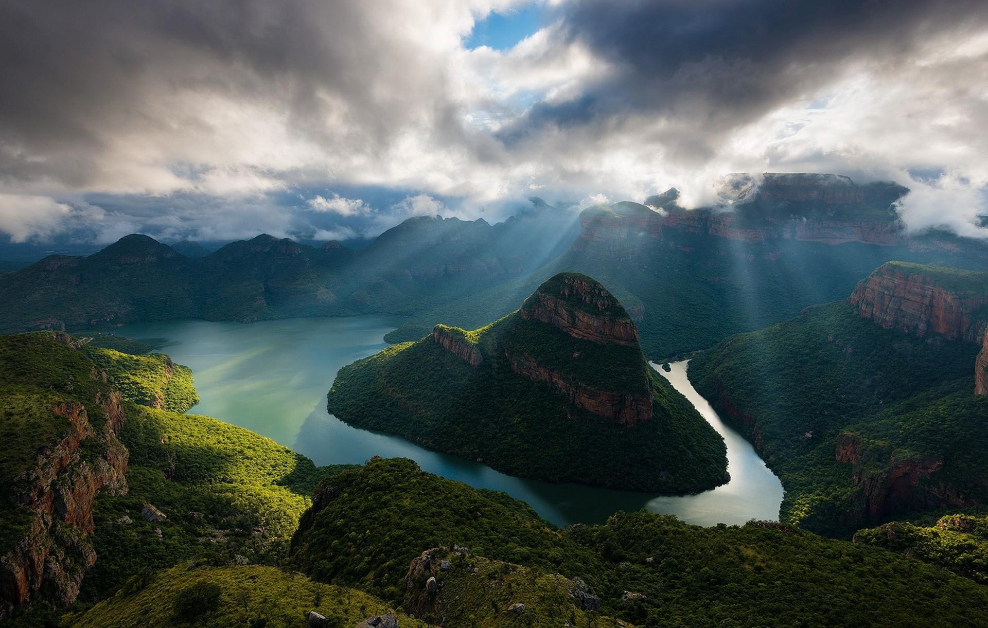 1920x1221 clouds, nature, sun rays, canyon, river, mountains, shrubs, South Africa, morning, landscape Gallery HD Wallpaper