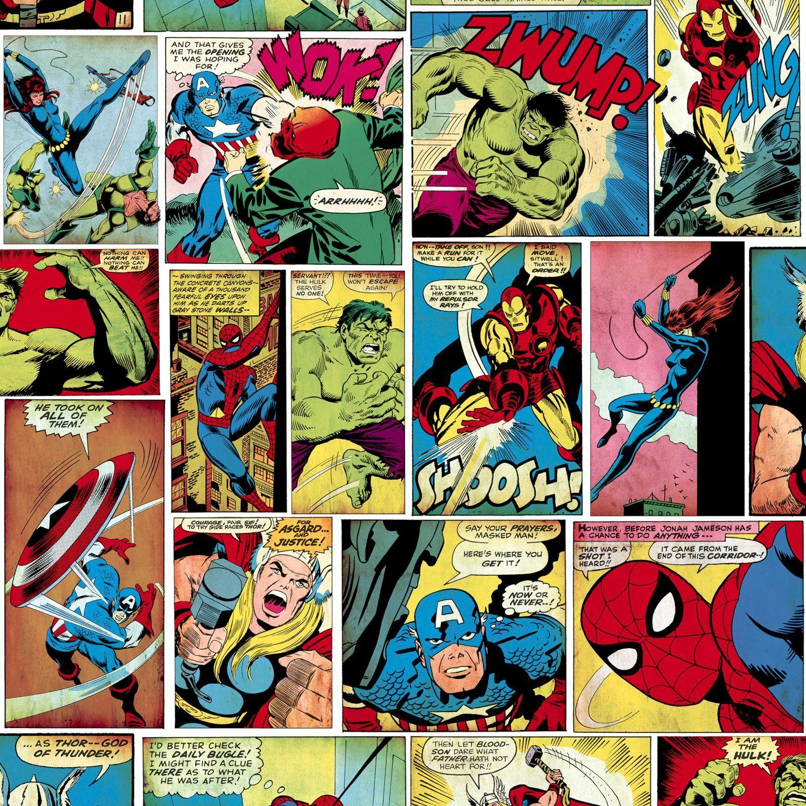 1600x1600 Marvel Comic Strip Wallpaper Multi Muriva 159501 Superhero Comic Book