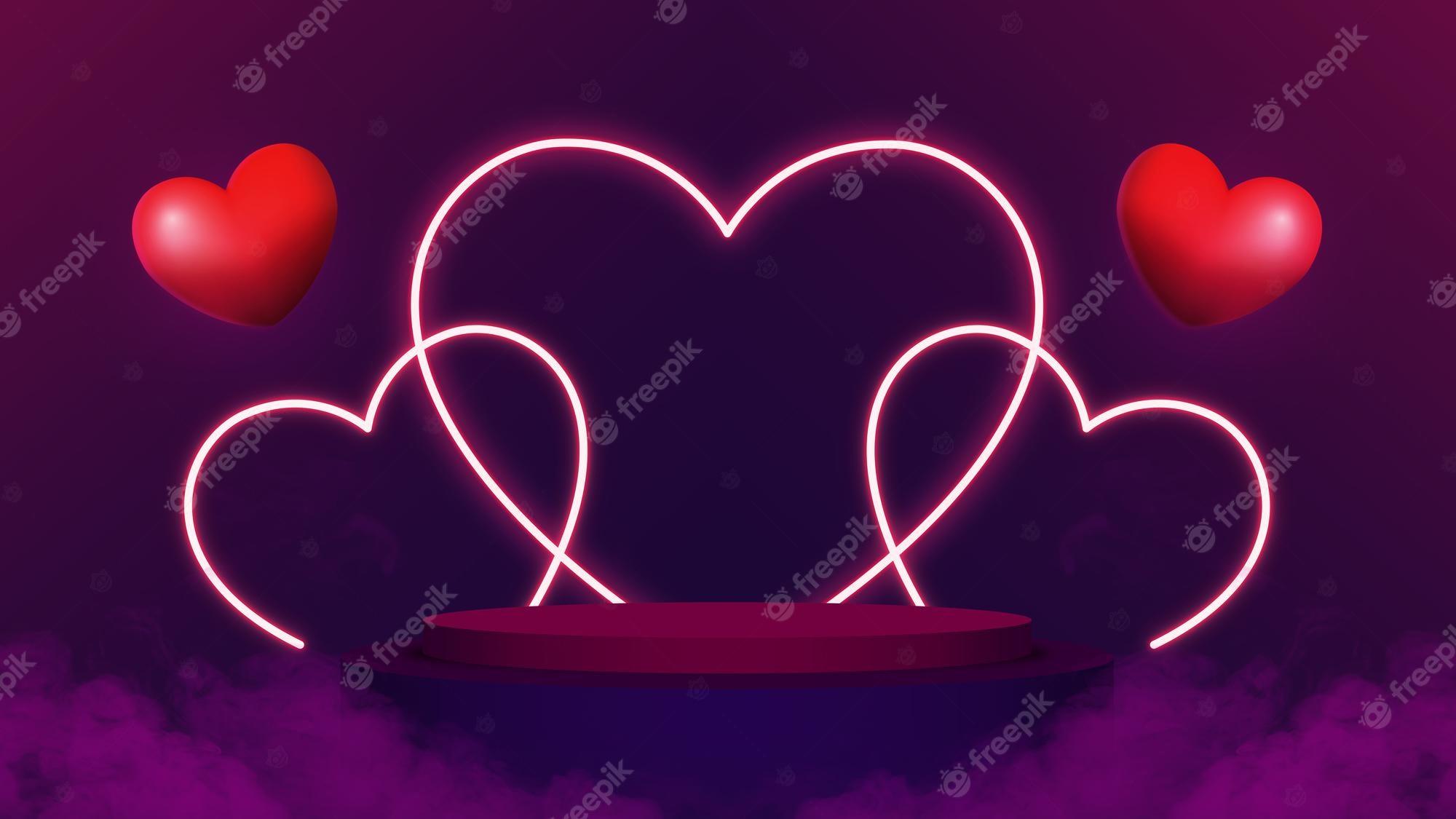 2000x1125 Premium Photo. Happy Valentine's Day Neon Background. Dark Light Background Minimal Style For Branding Product Presentation On Valentine's Day. Mock Up Scene With Empty Space. 3D Illustration