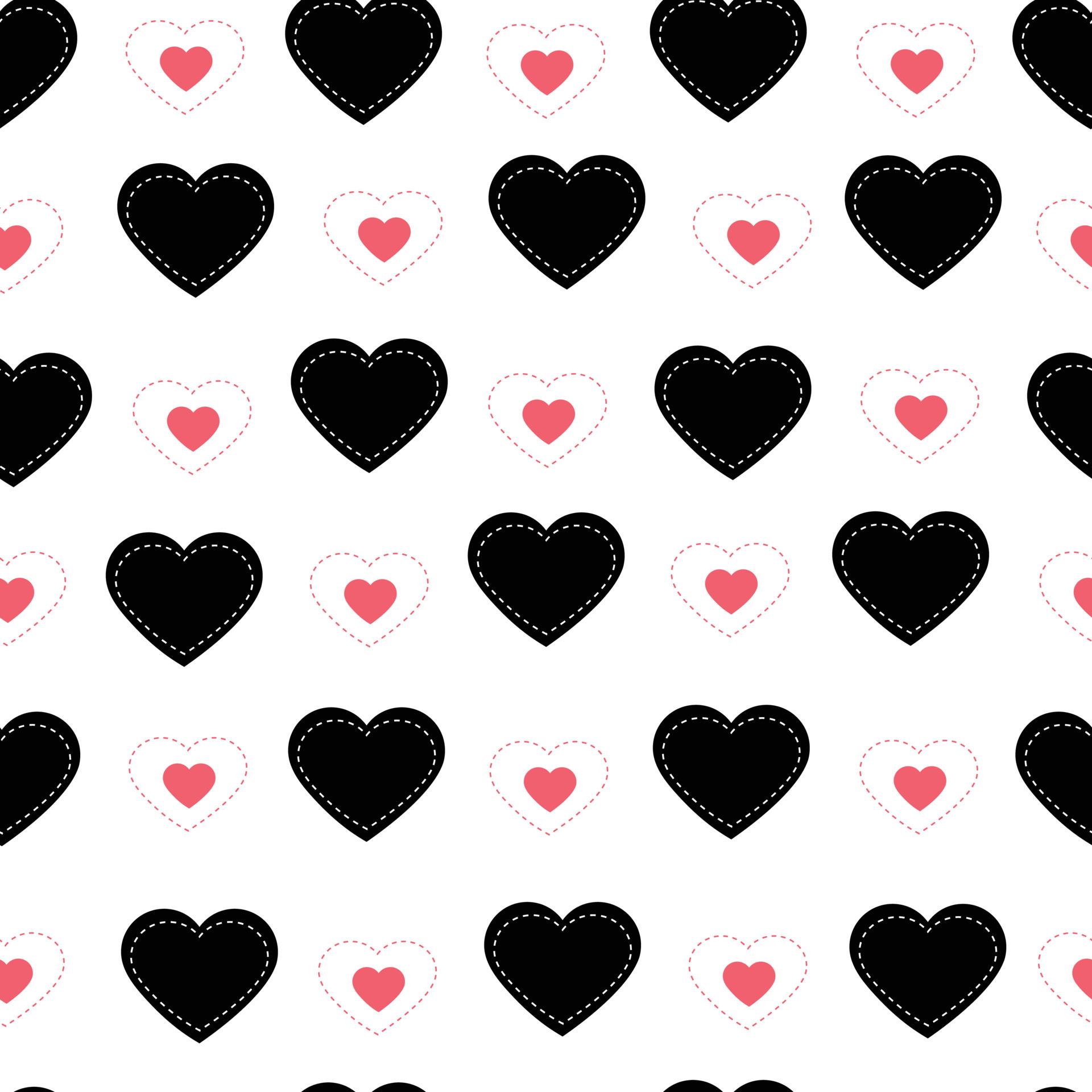1920x1920 Black heart with white dotted lines. Seamless pattern Valentines day background The flat design for print, wallpaper, textiles. Vector illustration