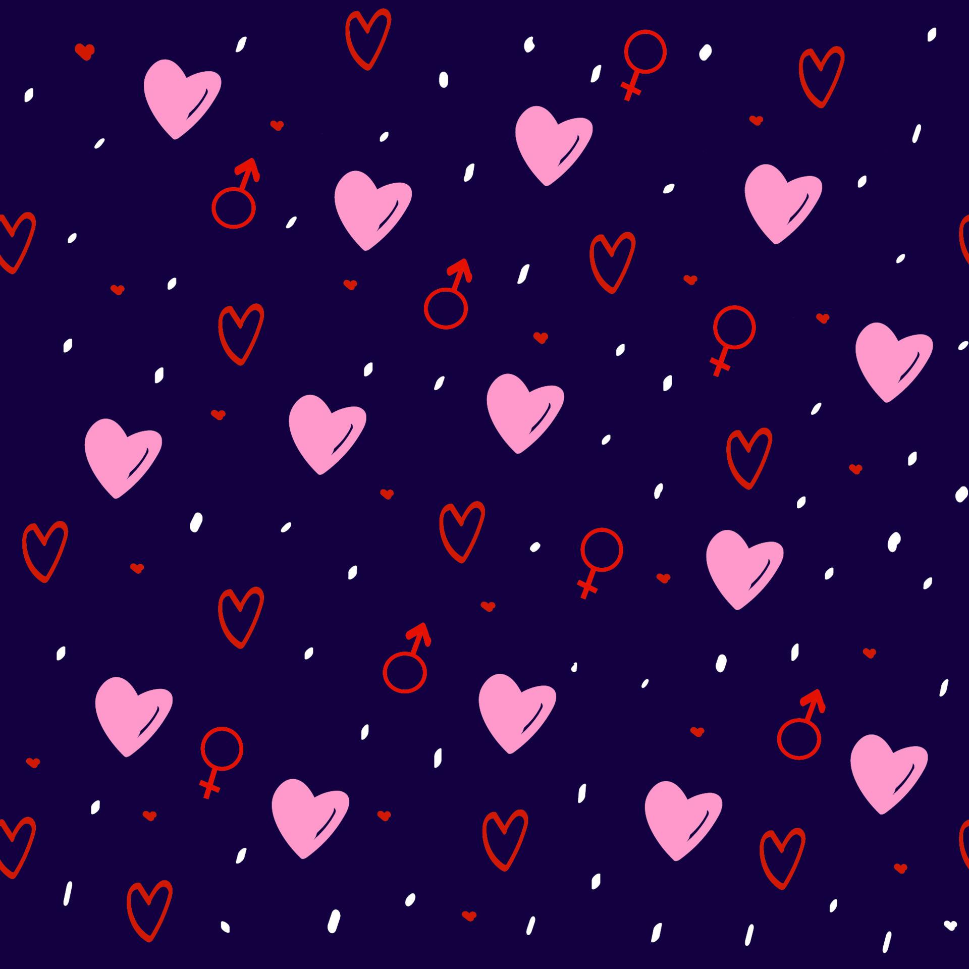 1920x1920 Seamless pattern with hand drawn hearts on dark background, valentine decoration, romance print, can be used for wallpaper, wrapping paper, cover, fabric design, postcard, web page