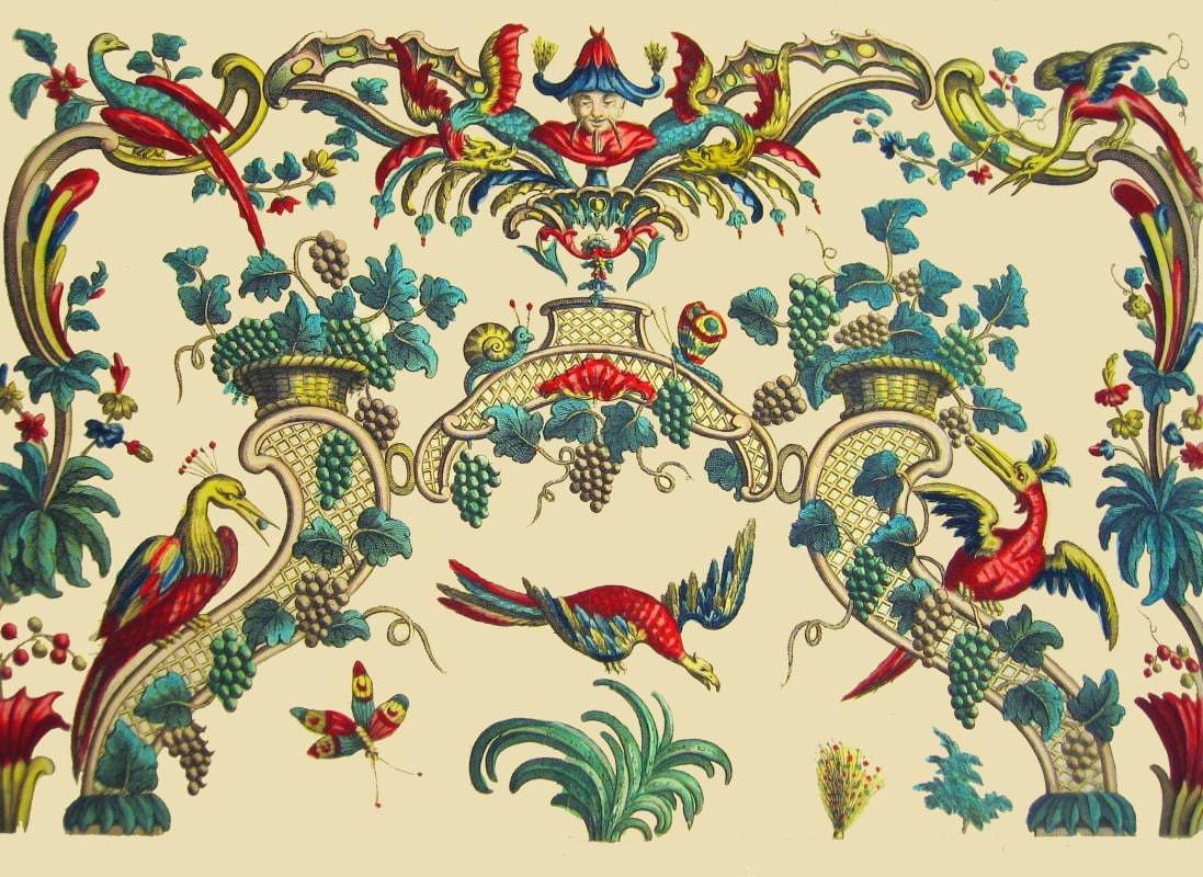 1097x800 Antique French Chinoiserie Wallpaper Illustration Phoenix Bird