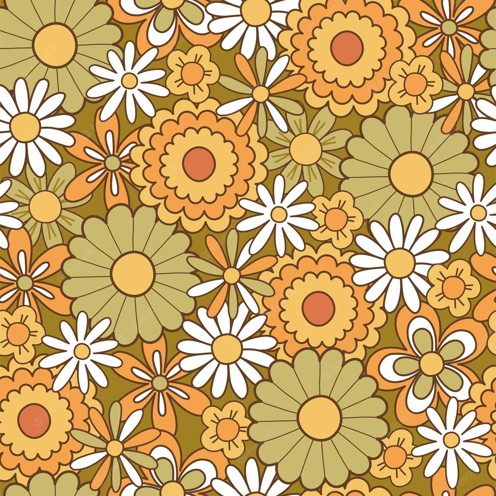 2000x2000 Premium Vector. Seamless pattern retro 70s hippie background with colorful flower in vintage style illustration with positive symbols for wallpaper fabric textiles vector