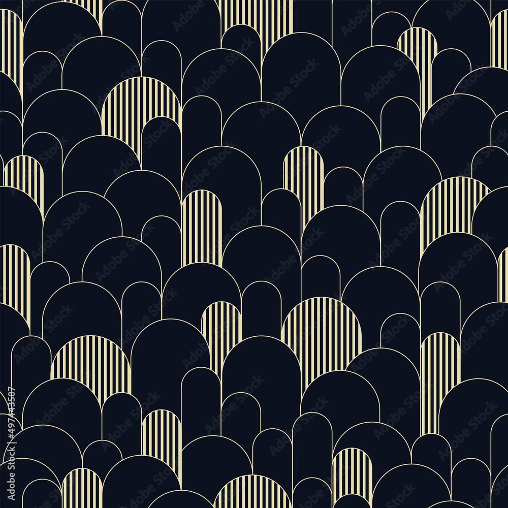 1000x1000 Abstract seamless pattern, art deco retro style. Vector nostalgic vintage geometric background with arcs and stripes. Dark colors and gold line art illustration. Fabric, paper, stationery, wallpaper Stock Vector