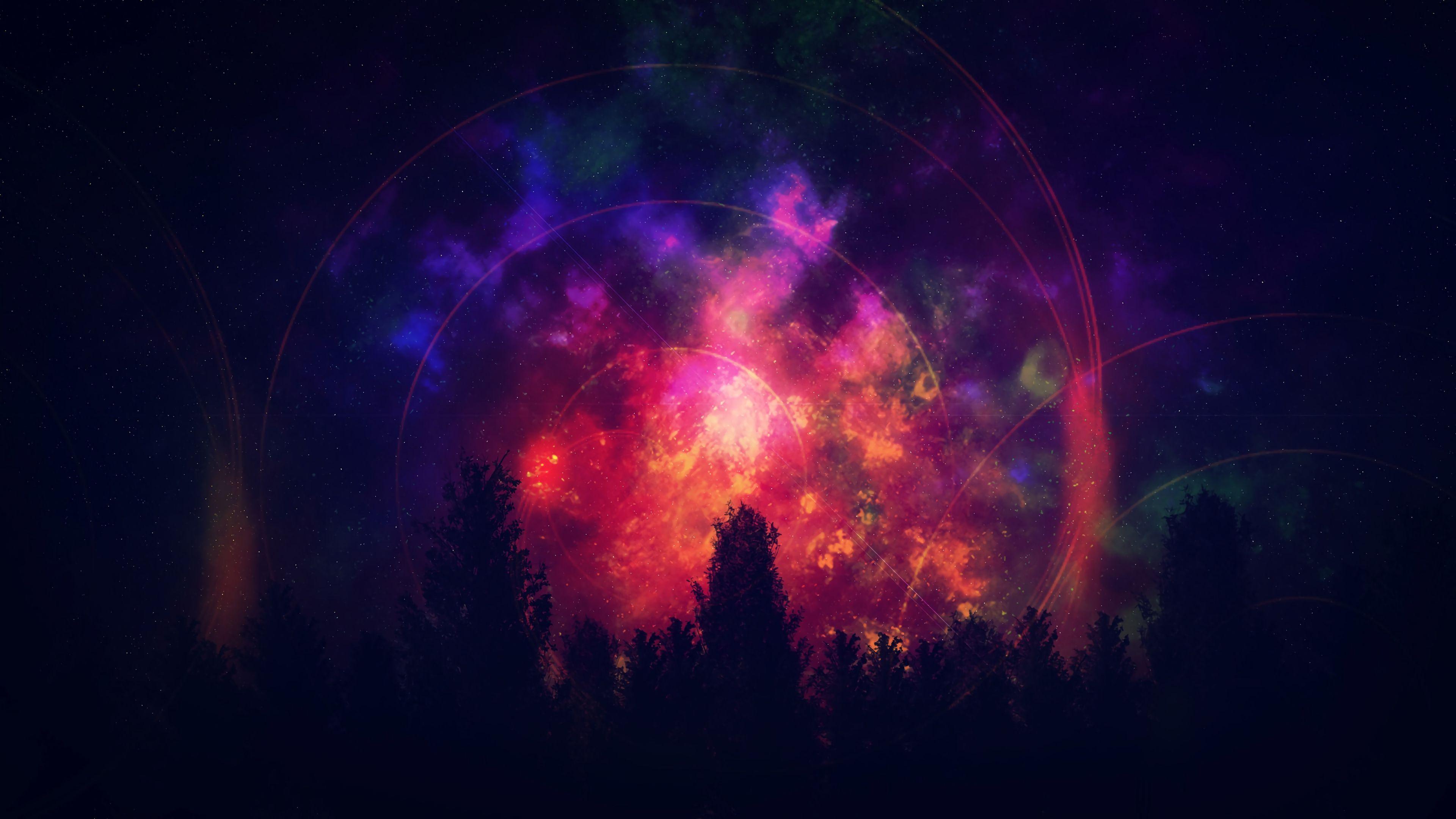 3840x2160 Download wallpaper 3840x2160 tree, starry sky, colorful, bright