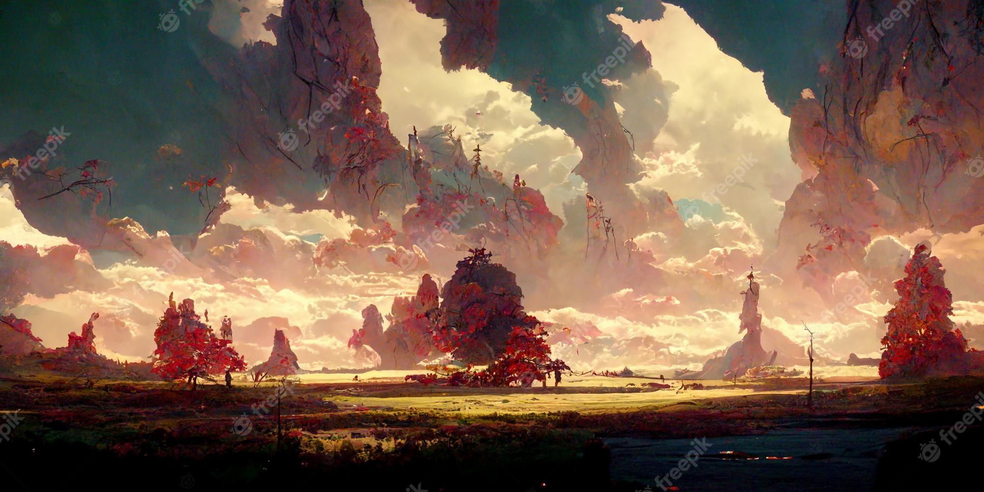 2000x1000 Premium Photo. Anime landscape. digital illustration, watercolor, oil painting, anime portrait