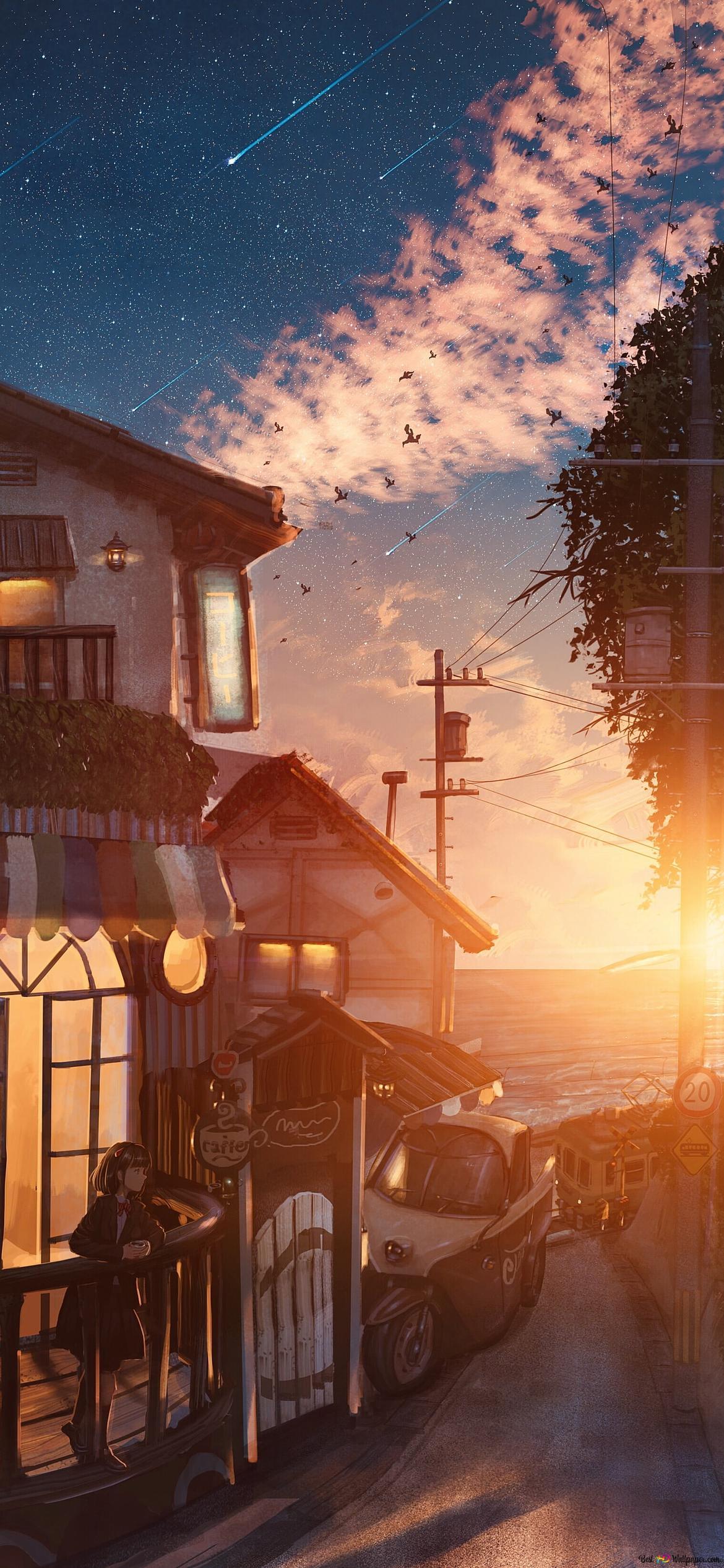 1170x2532 Sunny and cloudy anime landscape HD wallpaper download