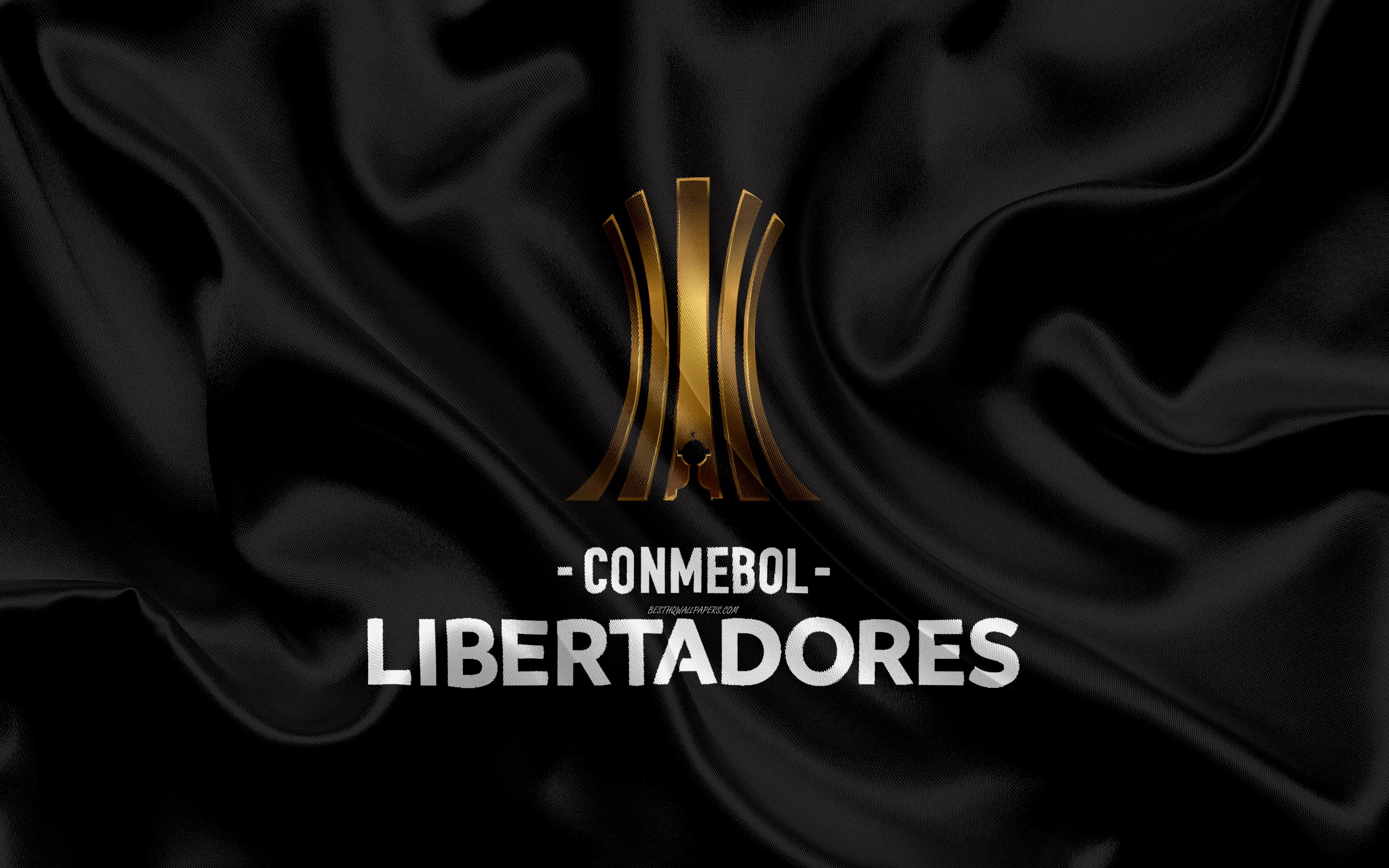 3840x2400 Download wallpaper Copa Libertadores, 4k, logo, emblem, football tournament, black silk flag, silk texture, The CONMEBOL Libertadores, South America for desktop with resolution 3840x2400. High Quality HD picture wallpaper
