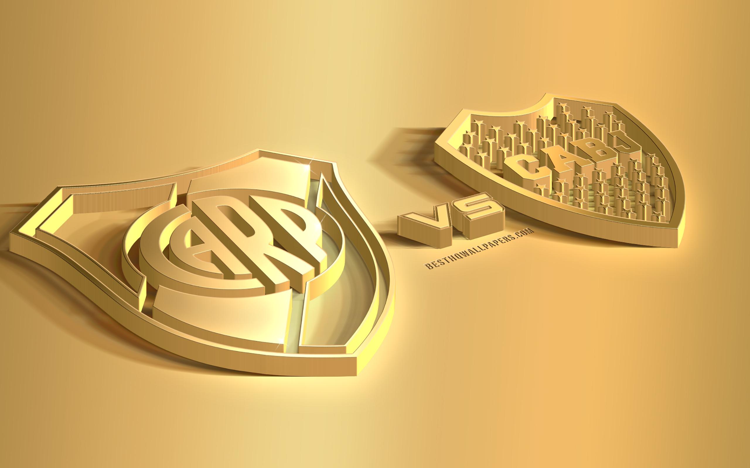 2560x1600 Download wallpaper Copa Libertadores Final, River Plate vs Boca Juniors, final, golden match, creative golden art, 3D logos, Argentina, football, River Plate, Boca Juniors for desktop with resolution 2560x1600. High Quality HD