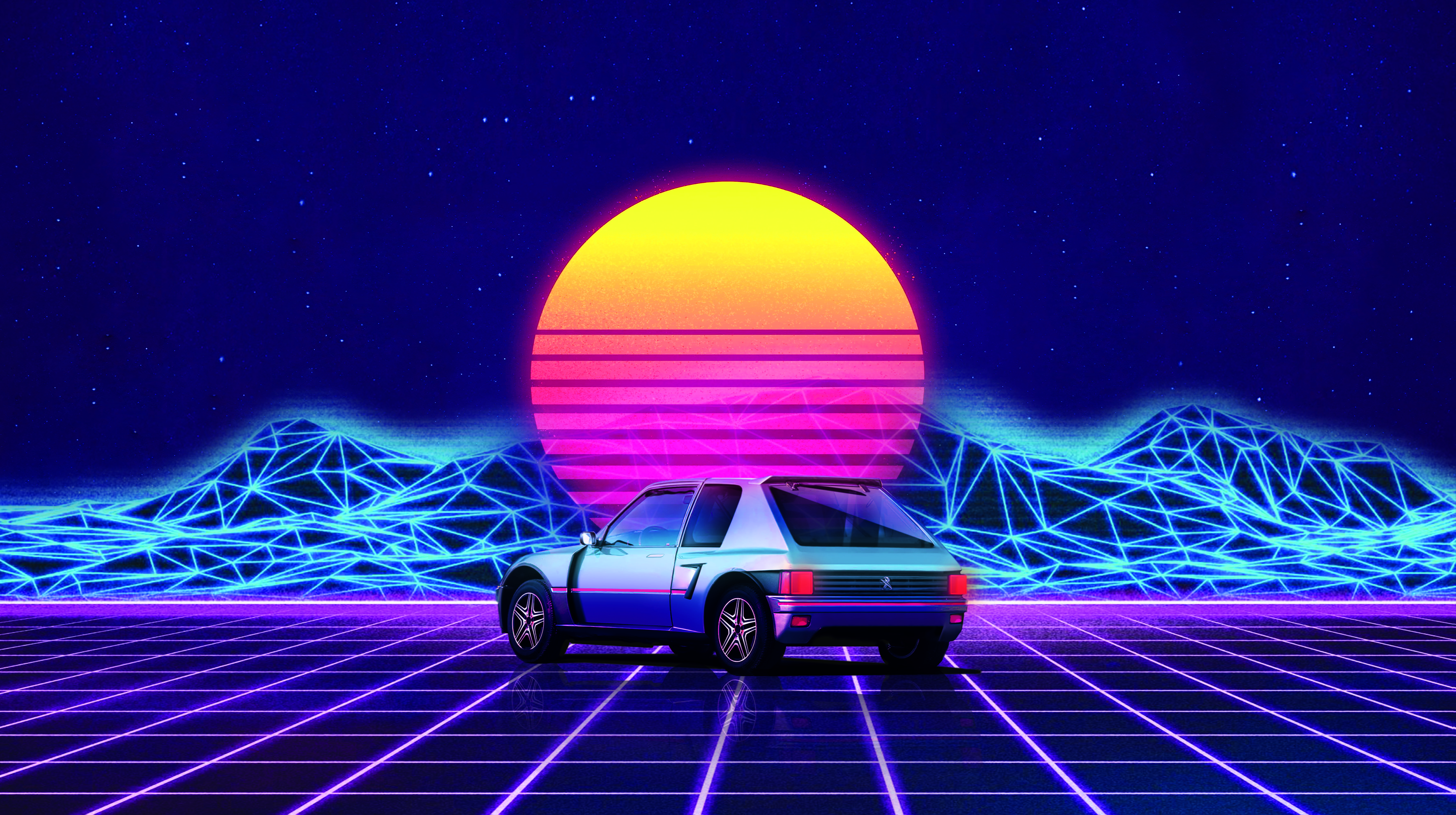 7087x3966 car Retro car #cyber peugeot 205 GTI Retro Wave #Peugeot K #wallpaper #hdwallpaper #desktop. Retro cars, Retro waves, Peugeot