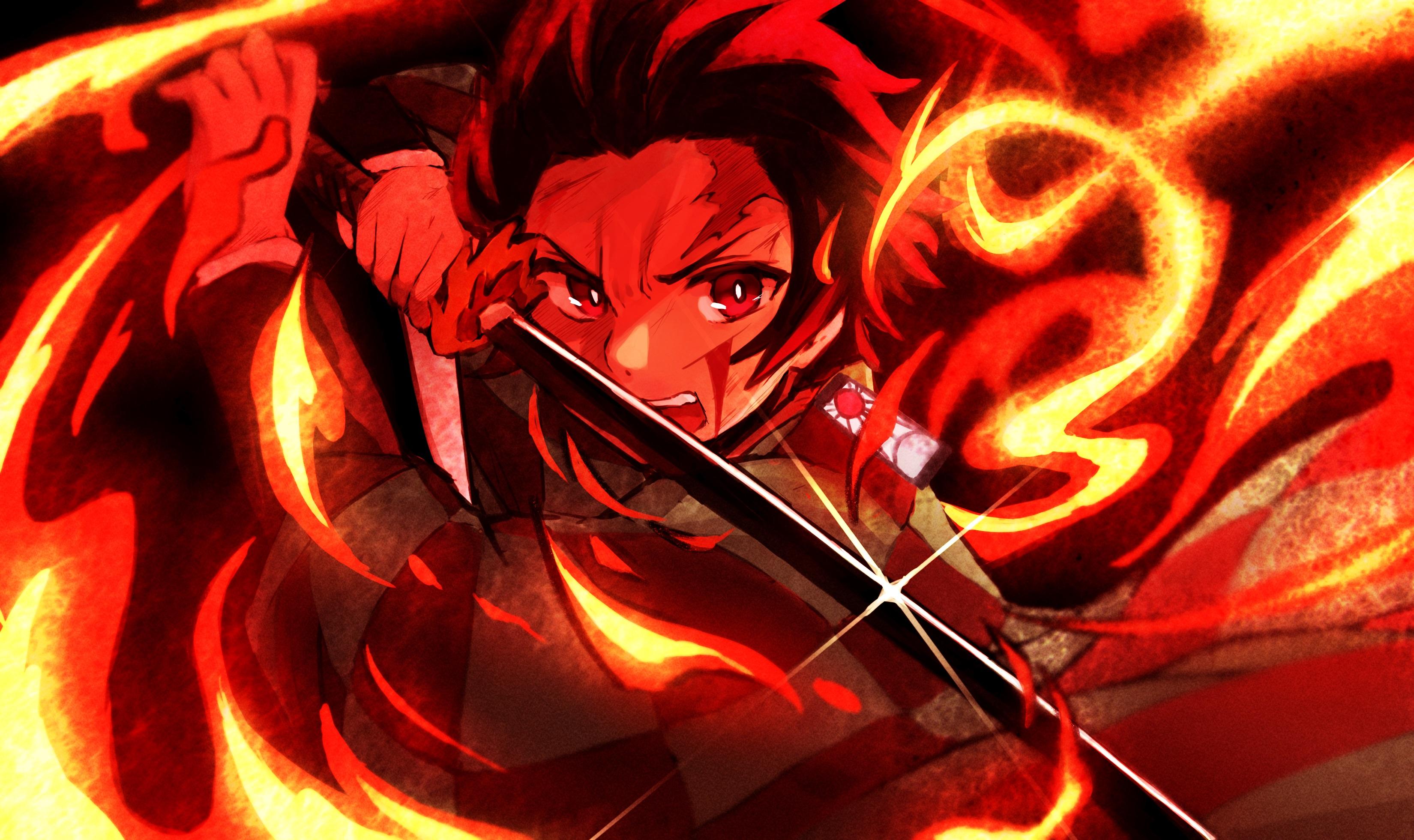 Demon Slayer Tanjirou Kamado With Red Eyes Having Sword With Background Of  Black And Fire HD Anime Wallpapers  HD Wallpapers  ID 40627