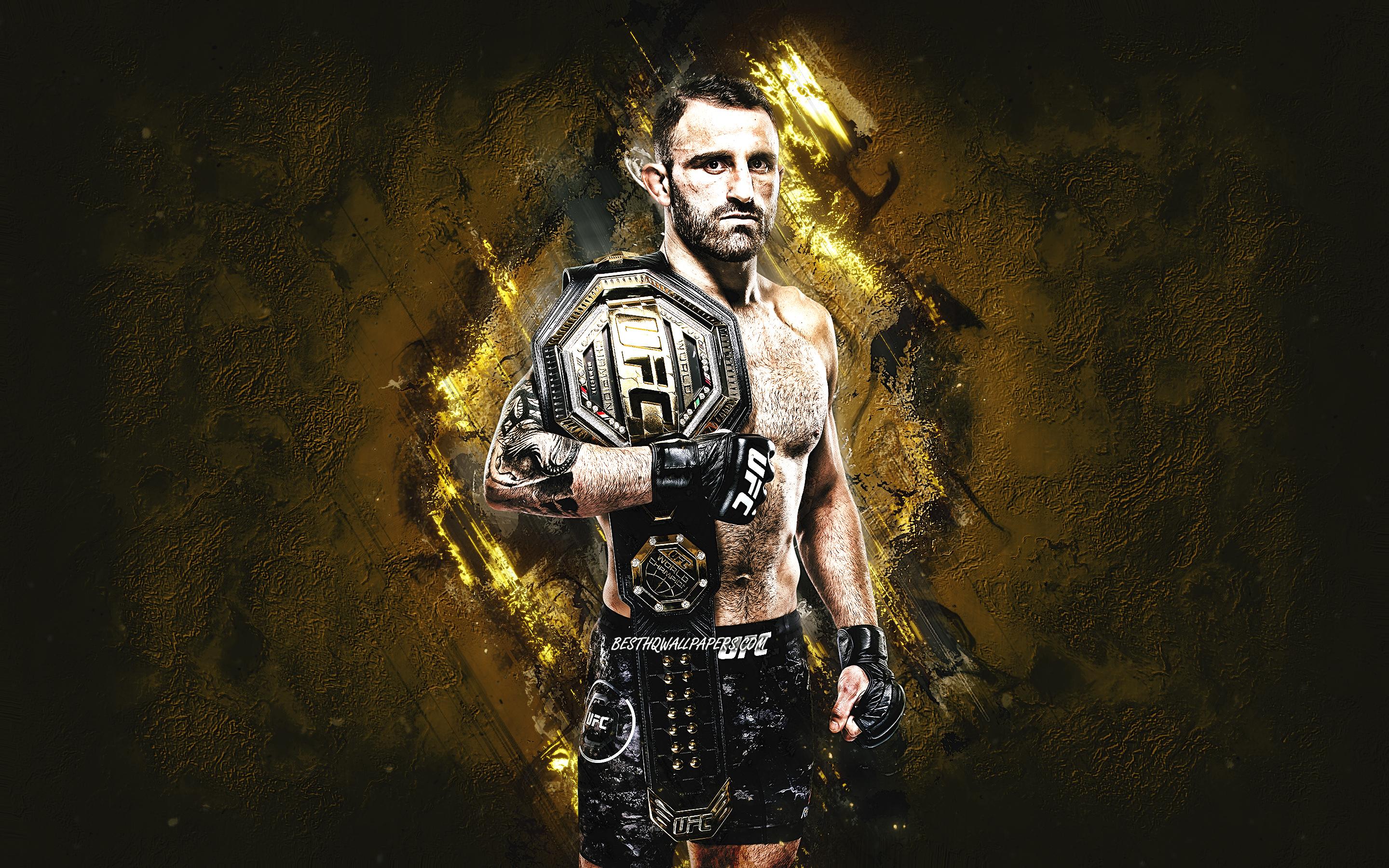 2880x1800 Download wallpaper Alexander Volkanovski, MMA, Australian fighter, UFC, portrait, yellow stone background, Ultimate Fighting Championship for desktop with resolution 2880x1800. High Quality HD picture wallpaper