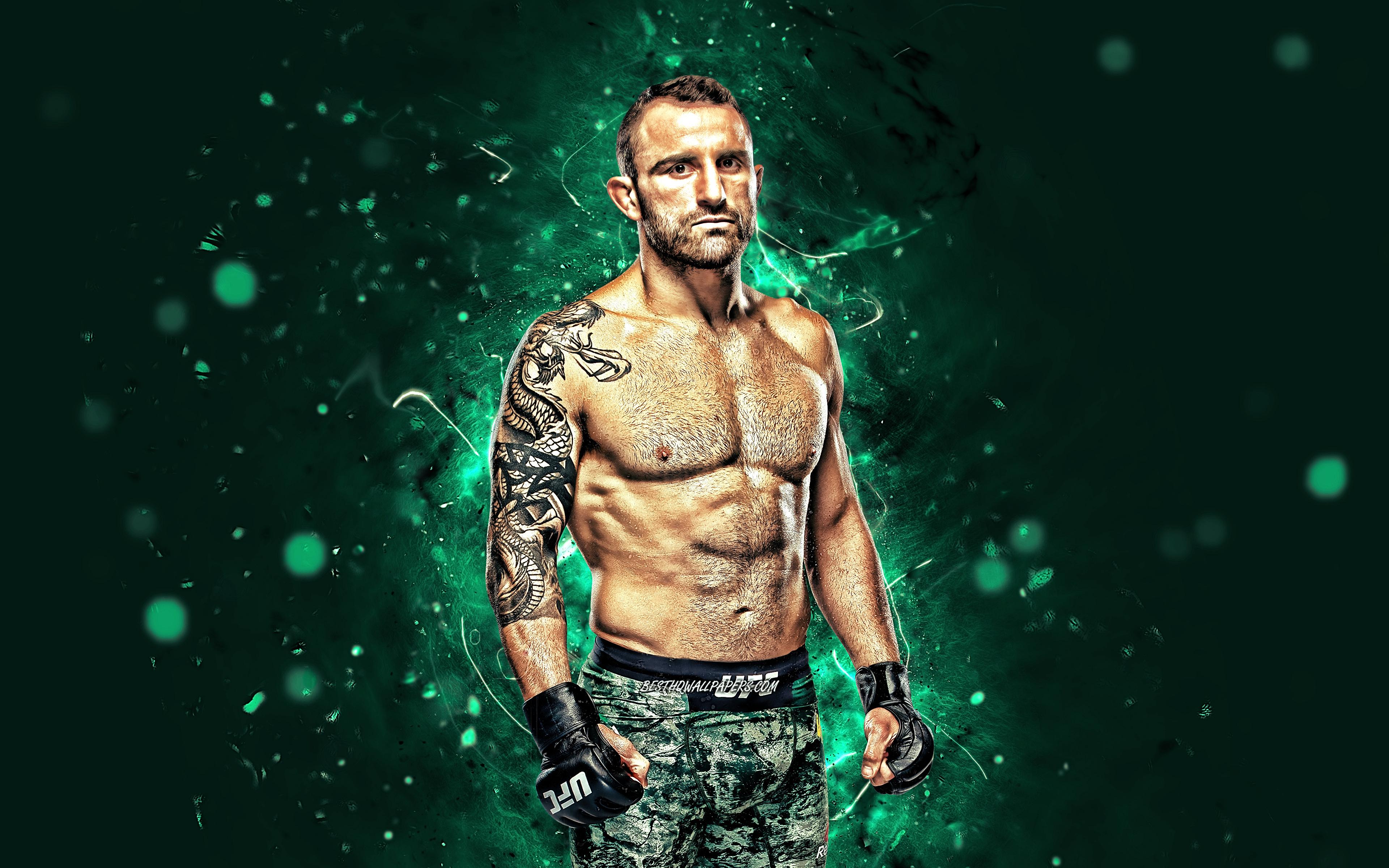 3840x2400 Download wallpaper Alexander Volkanovski, 4k, green neon lights, Australian fighters, MMA, UFC, Mixed martial arts, Alexander Volkanovski 4K, UFC fighters, MMA fighters for desktop with resolution 3840x2400. High Quality HD picture wallpaper