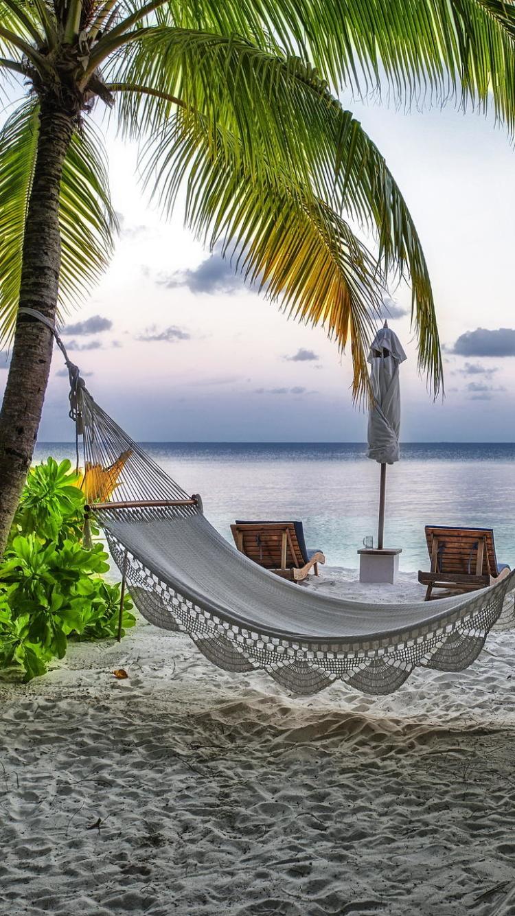 750x1334 Mobile wallpaper: Beach, Holiday, Tropical, Maldives, Hammock, Man Made, 1345454 download the picture for free