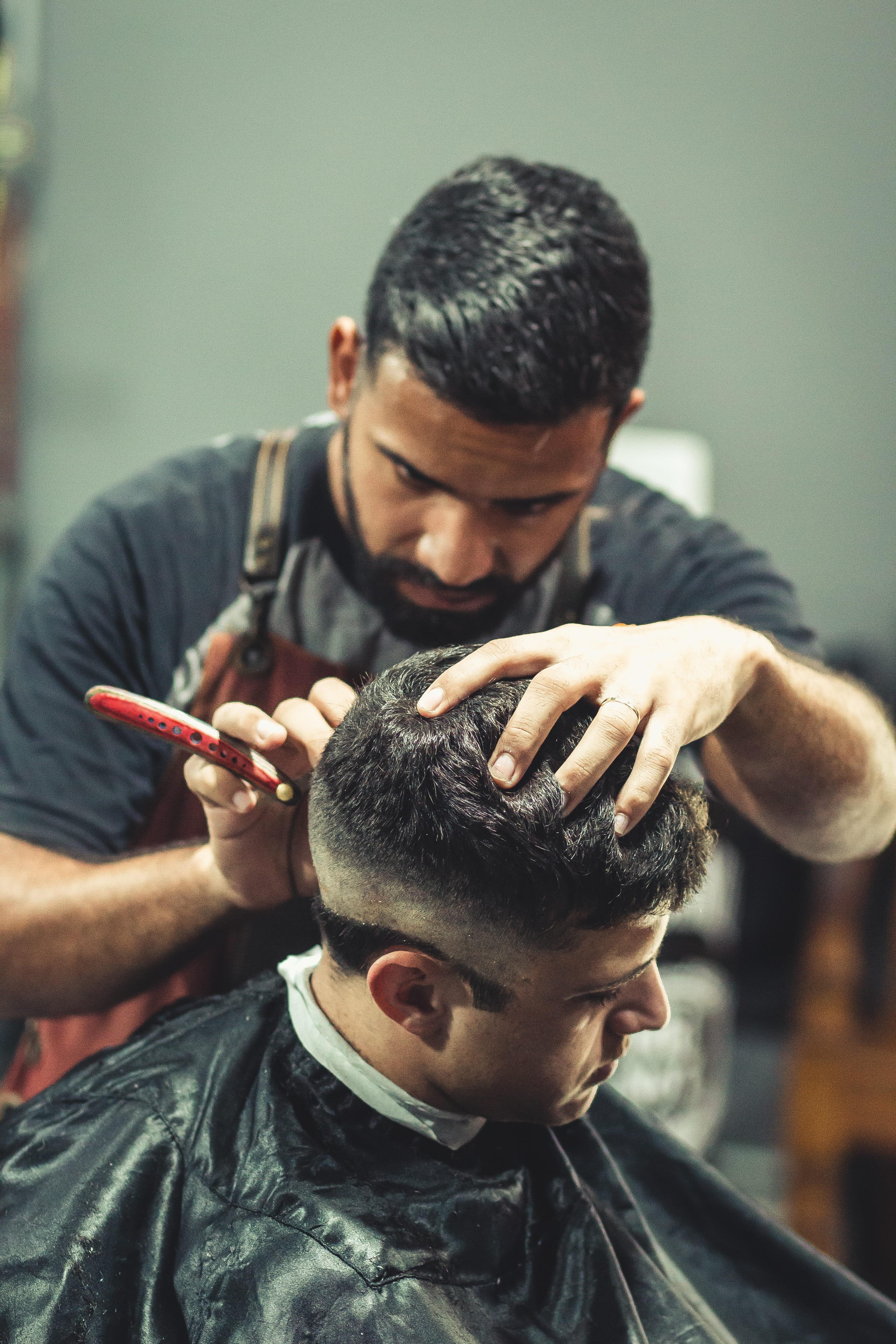 3456x5184 Wallpaper / lifestyles, cutting, hair salon, men, occupation, cutting hair, two people, hairdresser, wear, focus on foreground, real people, s, indoors, portrait, scissors free download