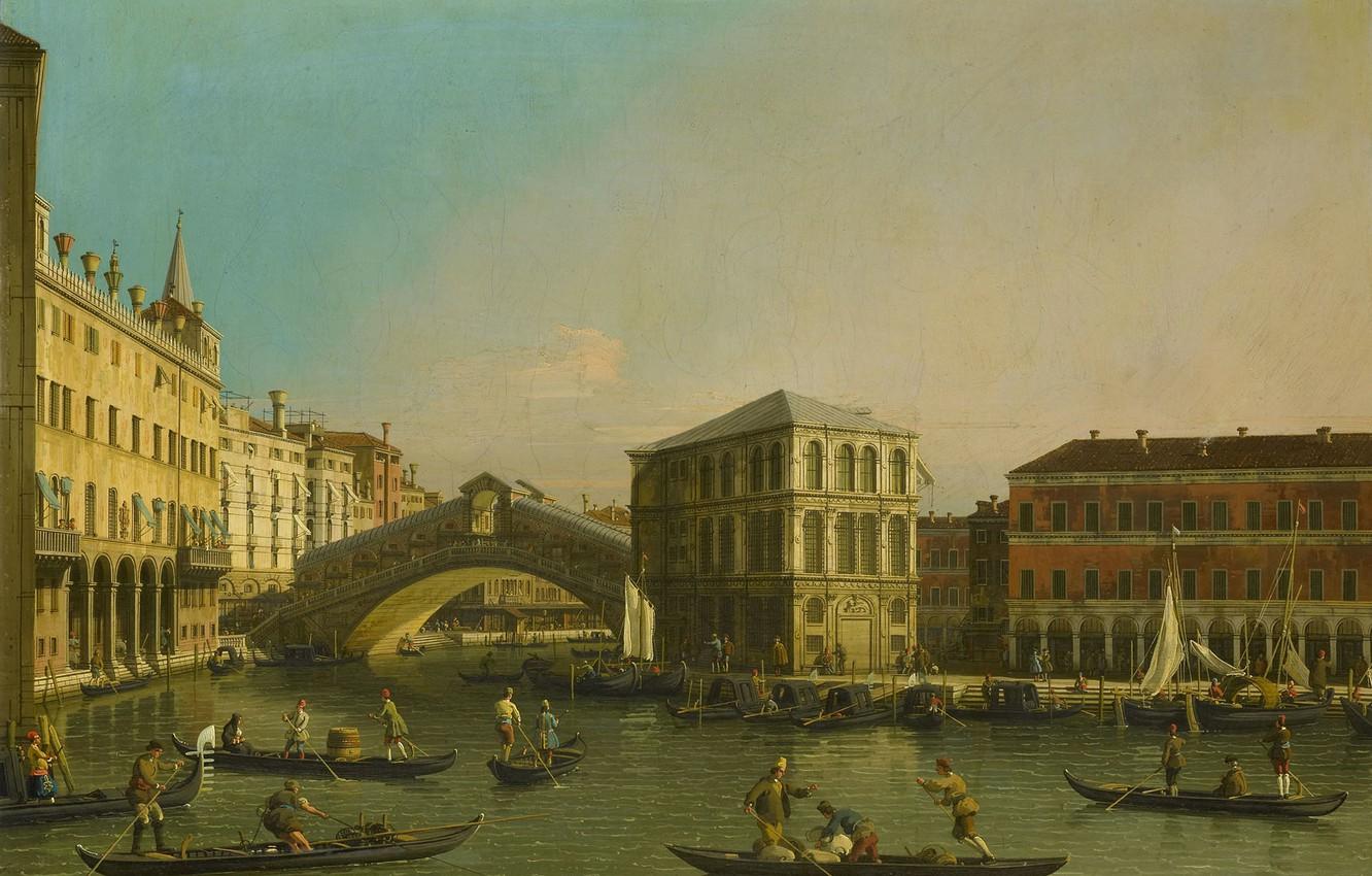 1332x850 Wallpaper picture, Venice, the urban landscape, Canaletto, The Grand Canal. Rialto bridge and Palazzo Fondaco image for desktop, section живопись