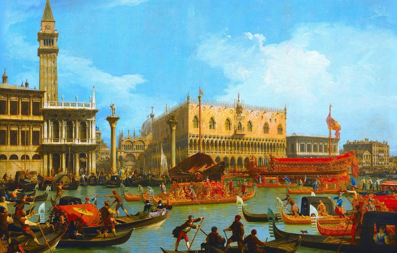 1332x850 Wallpaper picture, boats, Venice, gondola, the urban landscape, Canaletto, Giovanni Antonio Canal, The return of Bucintoro to the Mall at the Palazzo Ducale image for desktop, section живопись