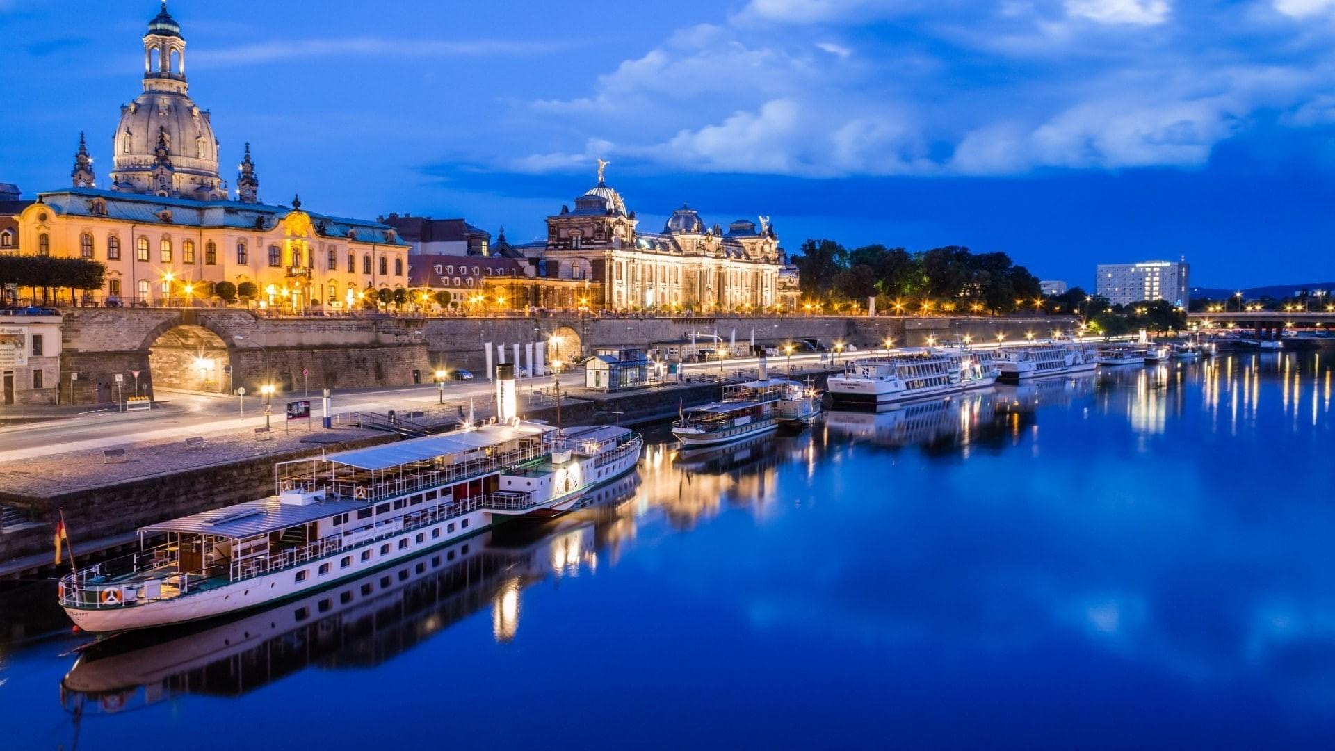 1920x1080 Wallpaper / tunnel, Dresden, Trees, building, Evening, ship, city, Lights, reflection, clouds, Cruise Ship, Old Building, bridge, river, house, boats, Canaletto, Cathedral free download