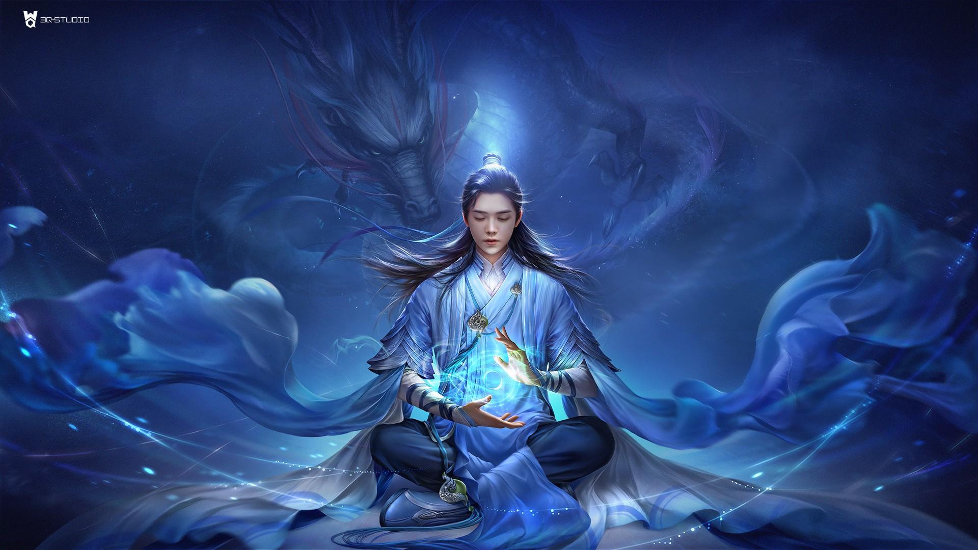 1920x1080 Wallpaper / 3Q Studio, drawing, men, dark hair, long hair, ponytail, magician, spell, blue clothing, chinese dragon, monks, Serenity, frontal view free download