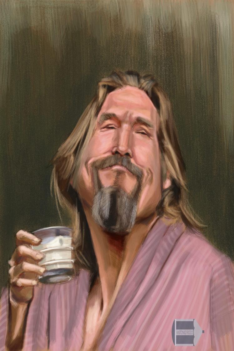 748x1122 men, Face, The Dude, Jeff Bridges, Long hair, Beard, Portrait display, The Big Lebowski, Drink, Caricature, Painting, Digital art, Bathrobes Wallpaper HD / Desktop and Mobile Background