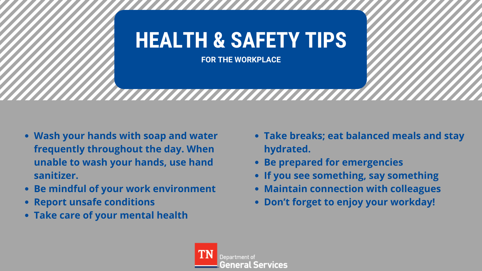 1600x900 Twitter 上的 TN Department Of General Services：Today Is #WorldDayforHealthandSafetyatWork. Workplace Health And Safety Refers To The Working Environment And Encompasses All Factors That Impact The Safety, Health, And Well Being Of Employees. Our