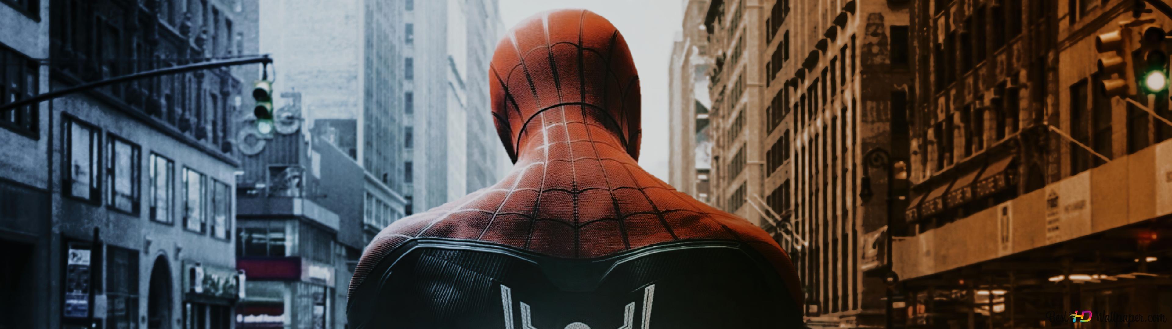 3840x1080 Spider Man Back View And His City 4K wallpaper download