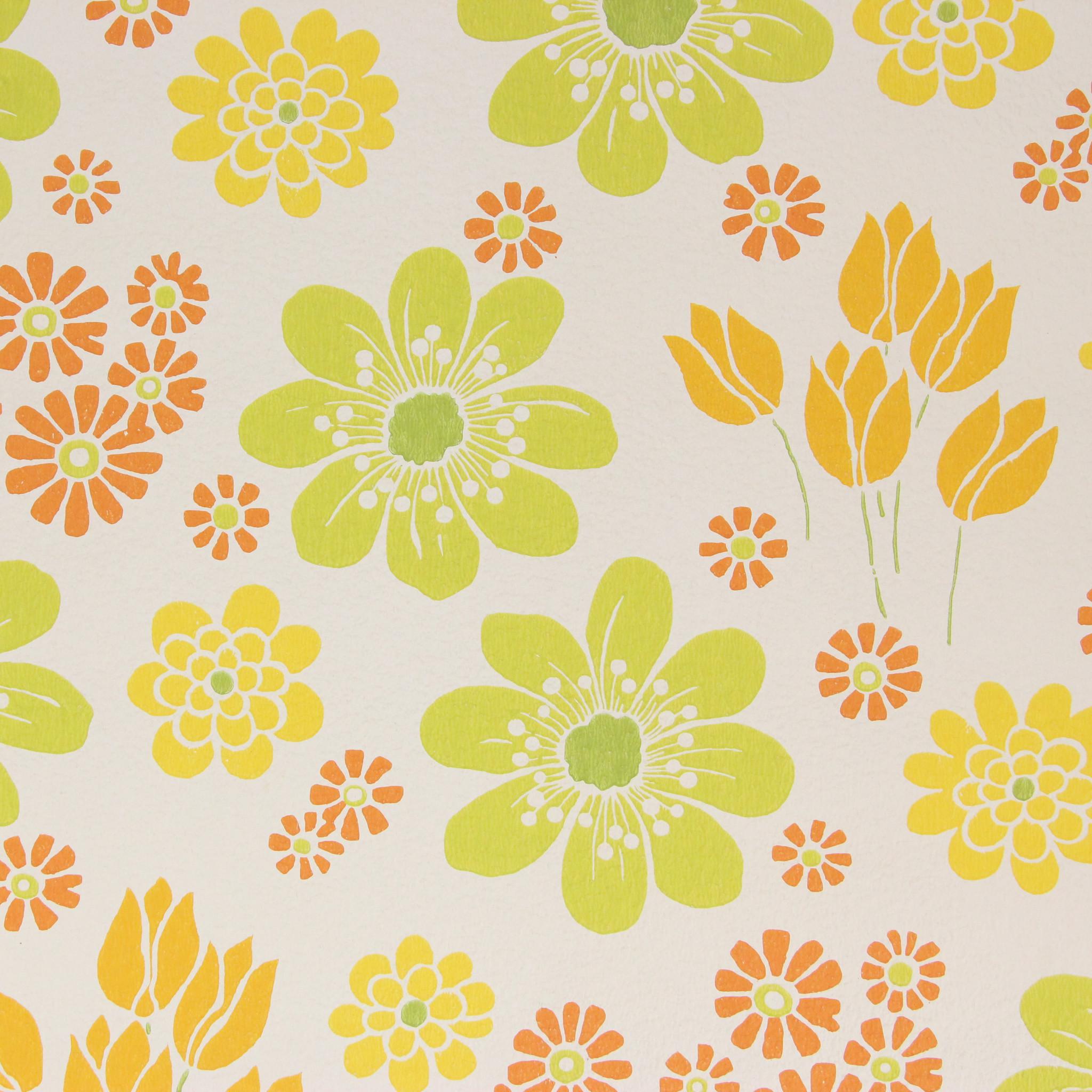 2048x2048 1960s Vintage Wallpaper Retro Green Orange Yellow Flowers Green Center's Vintage Wallpaper