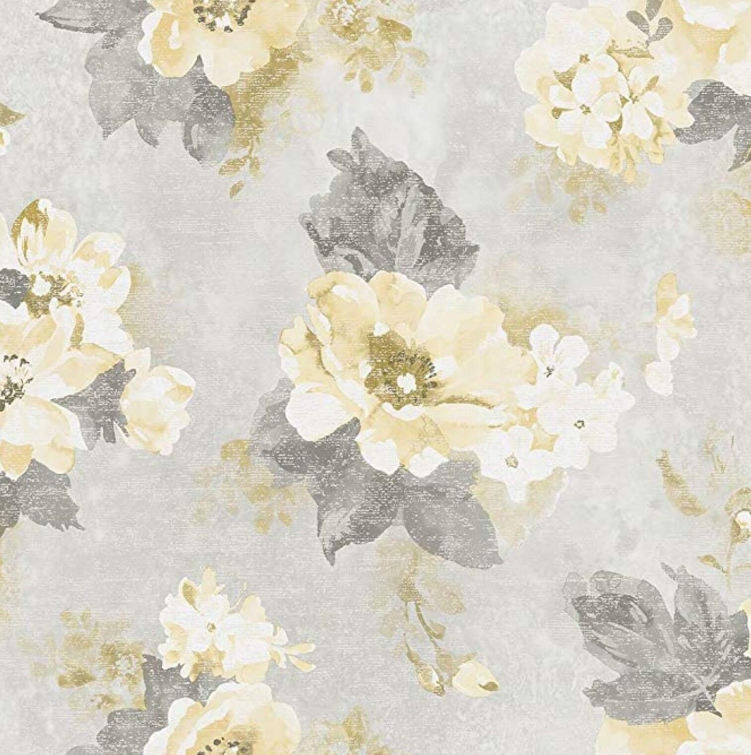1514x1522 Large Soft Yellow Floral Gray Wallpaper Shabby Vintage