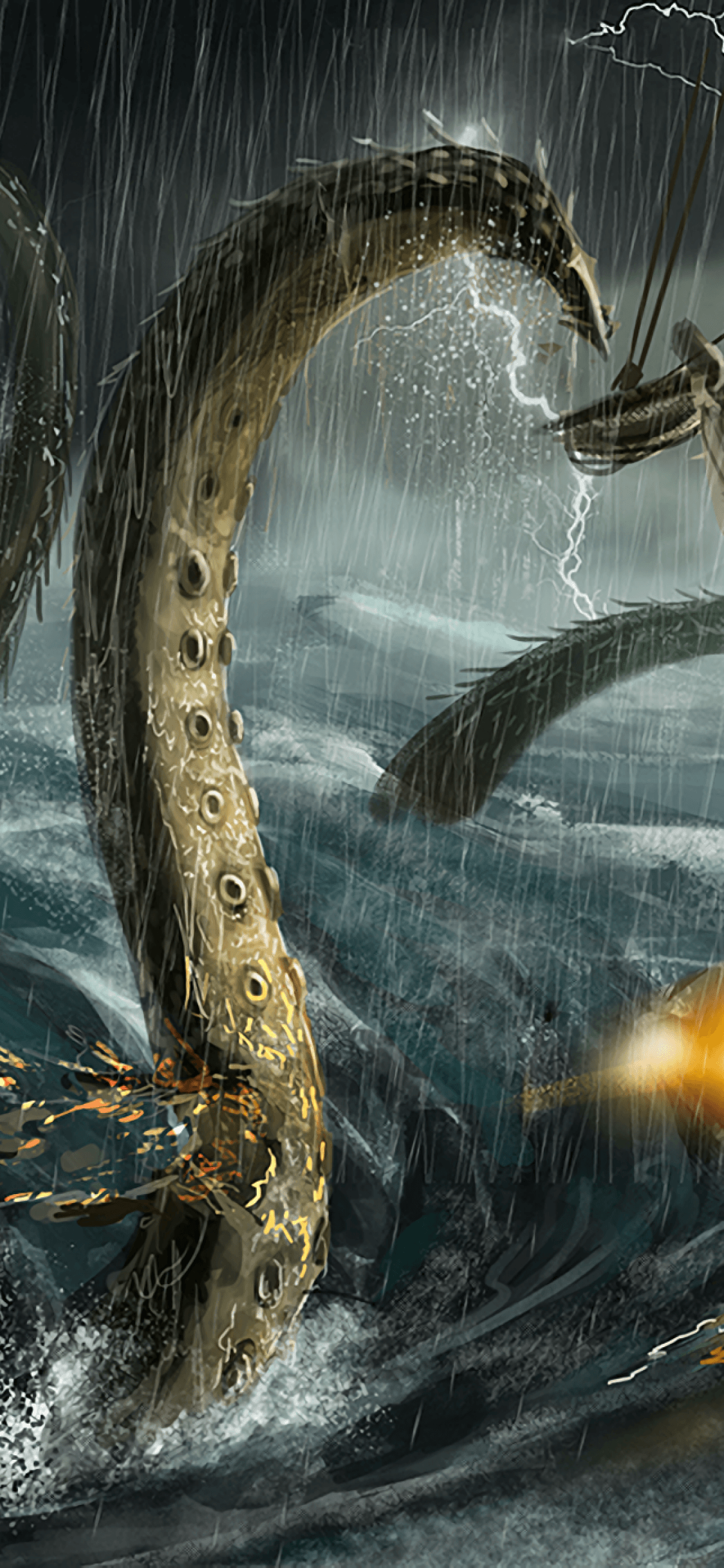 1125x2436 Download 1125x2436 Sea Monster, Boat, Ocean, Lightning, Big Waves