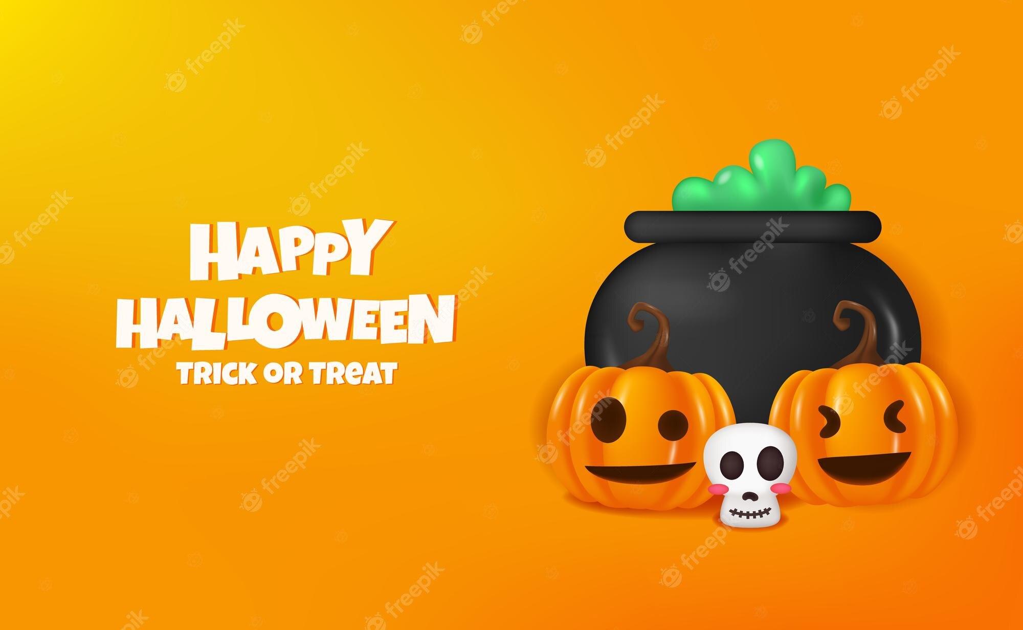 2000x1231 Premium Vector. Happy halloween party banner design with 3D cute cauldron and pumpkin jack o lantern with orange background
