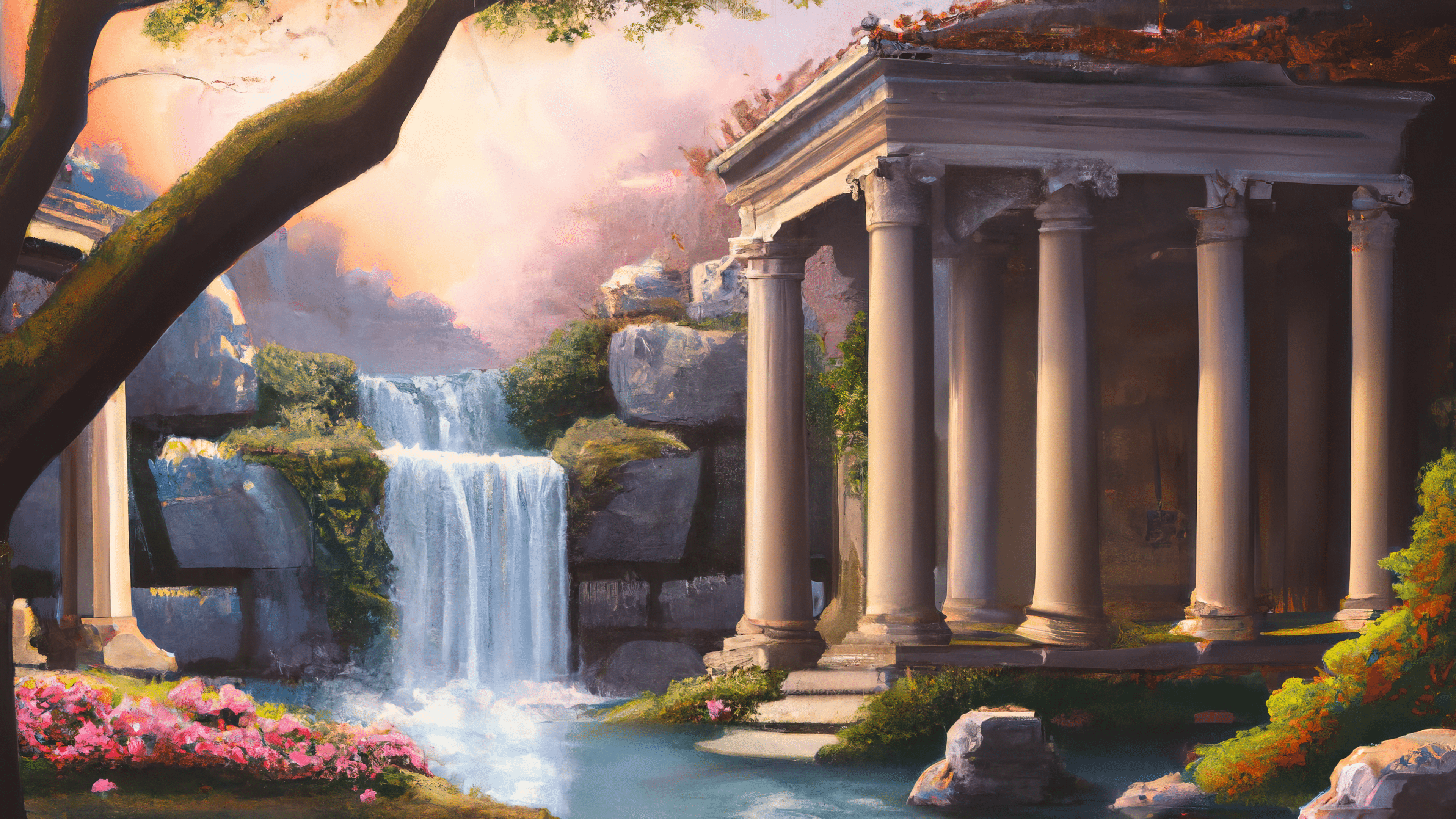 3840x2160 Ai Art Ai Painting Painting Temple Ancient Temple Waterfall Rome Ancient Rome Greece Ancient Greece Wallpaper:3840x2160
